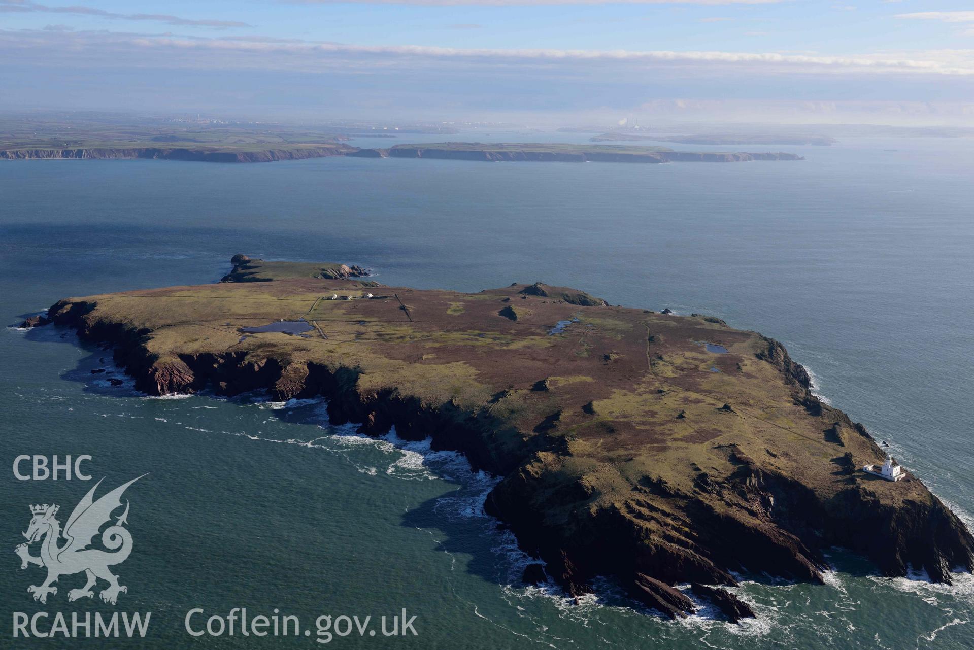 Aerial photo of The Neck Isthmus, Skomer Island.  Aerial reconnaissance survey for the CHERISH Project. Crown Copyright: CHERISH PROJECT 2018. Produced with EU funds through the Ireland Wales Co-operation Programme 2014-2020. All material made freely available through the Open Government Licence.