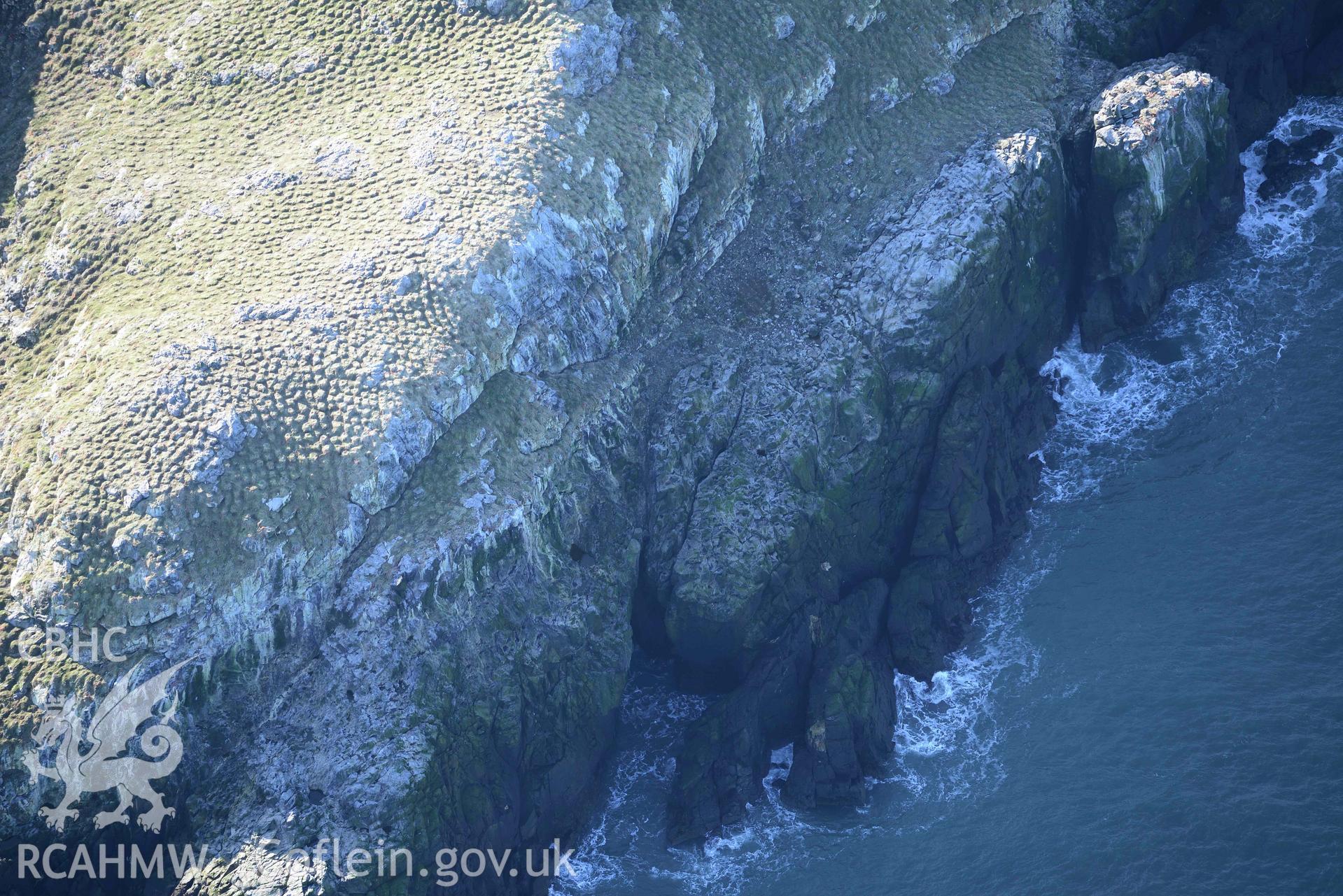 Aerial photo of  Grassholm Island.  Aerial reconnaissance survey for the CHERISH Project. Crown Copyright: CHERISH PROJECT 2018. Produced with EU funds through the Ireland Wales Co-operation Programme 2014-2020. All material made freely available through the Open Government Licence.