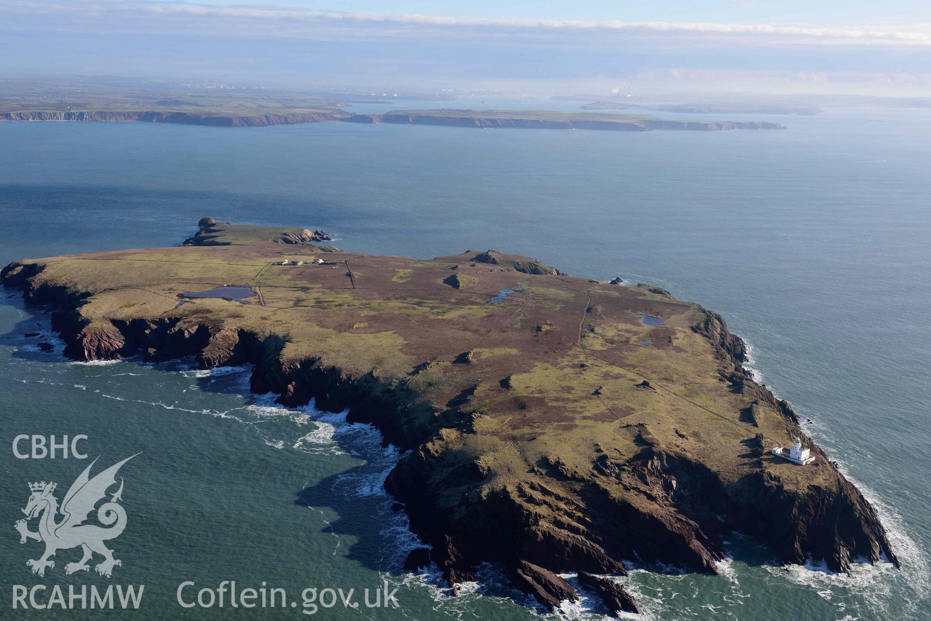 Aerial photo of Warden's House, Skomer Island.  Aerial reconnaissance survey for the CHERISH Project. Crown Copyright: CHERISH PROJECT 2018. Produced with EU funds through the Ireland Wales Co-operation Programme 2014-2020. All material made freely available through the Open Government Licence.