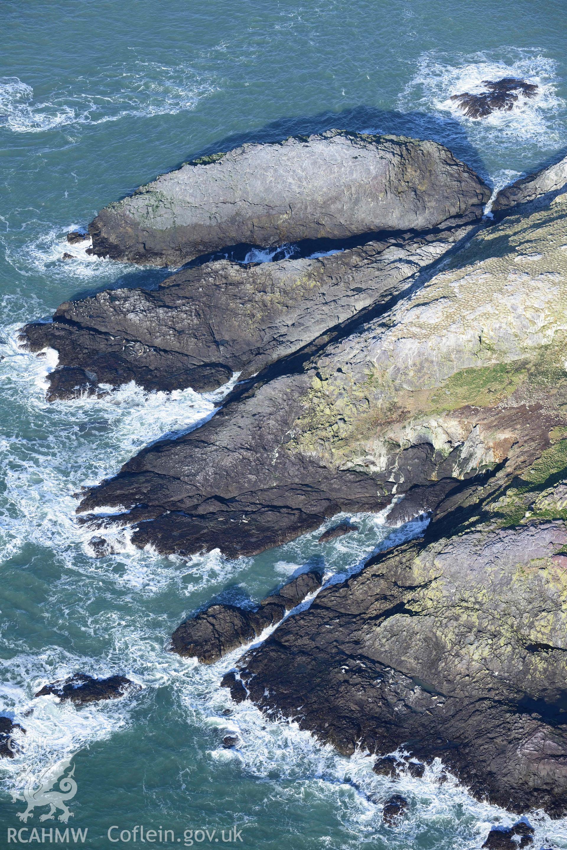 Aerial photo of  Grassholm Island.  Aerial reconnaissance survey for the CHERISH Project. Crown Copyright: CHERISH PROJECT 2018. Produced with EU funds through the Ireland Wales Co-operation Programme 2014-2020. All material made freely available through the Open Government Licence.