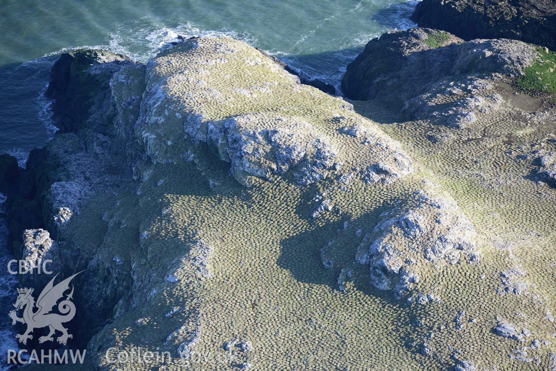 Aerial photo of  Grassholm Island.  Aerial reconnaissance survey for the CHERISH Project. Crown Copyright: CHERISH PROJECT 2018. Produced with EU funds through the Ireland Wales Co-operation Programme 2014-2020. All material made freely available through the Open Government Licence.