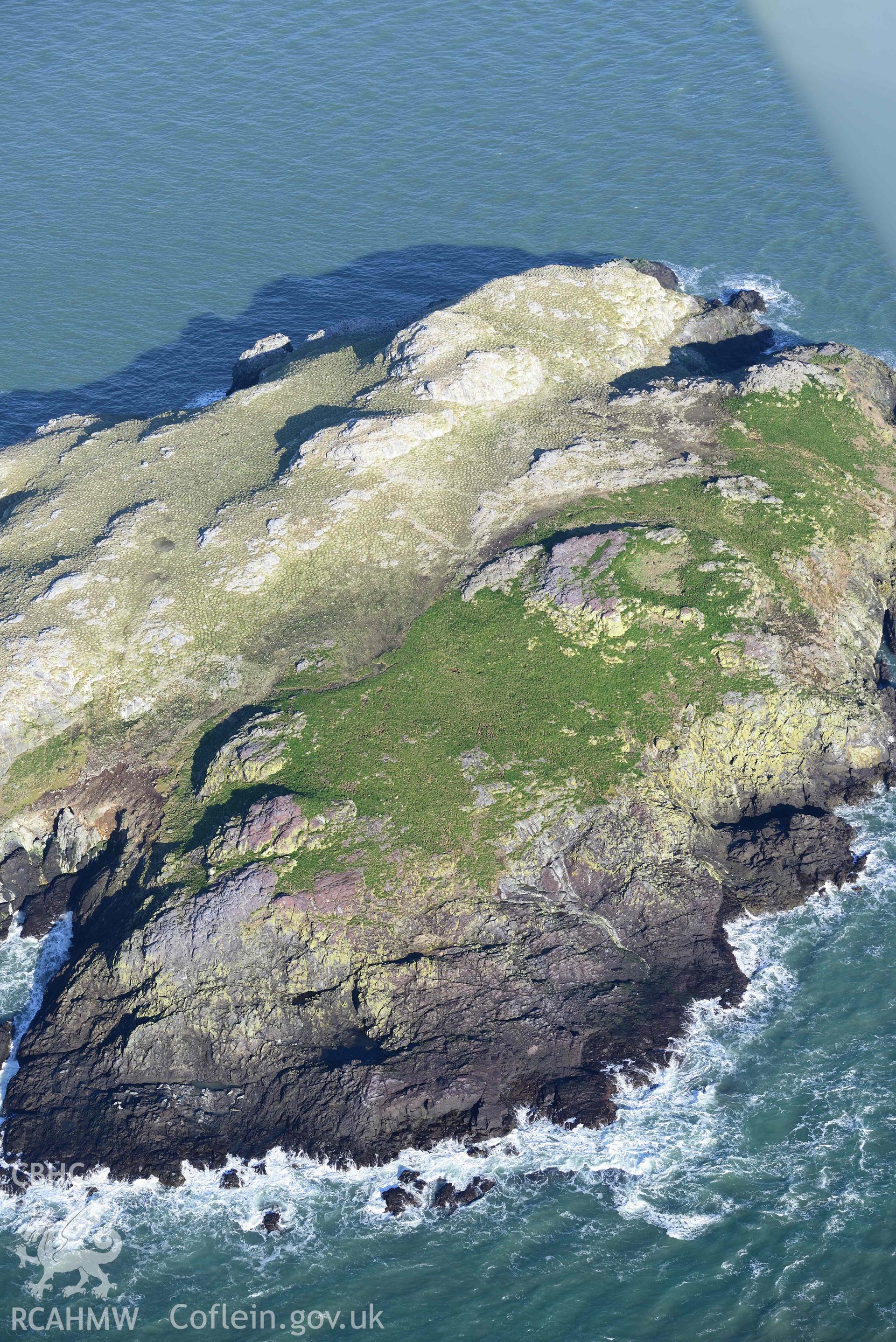 Aerial photo of  Grassholm Island.  Aerial reconnaissance survey for the CHERISH Project. Crown Copyright: CHERISH PROJECT 2018. Produced with EU funds through the Ireland Wales Co-operation Programme 2014-2020. All material made freely available through the Open Government Licence.