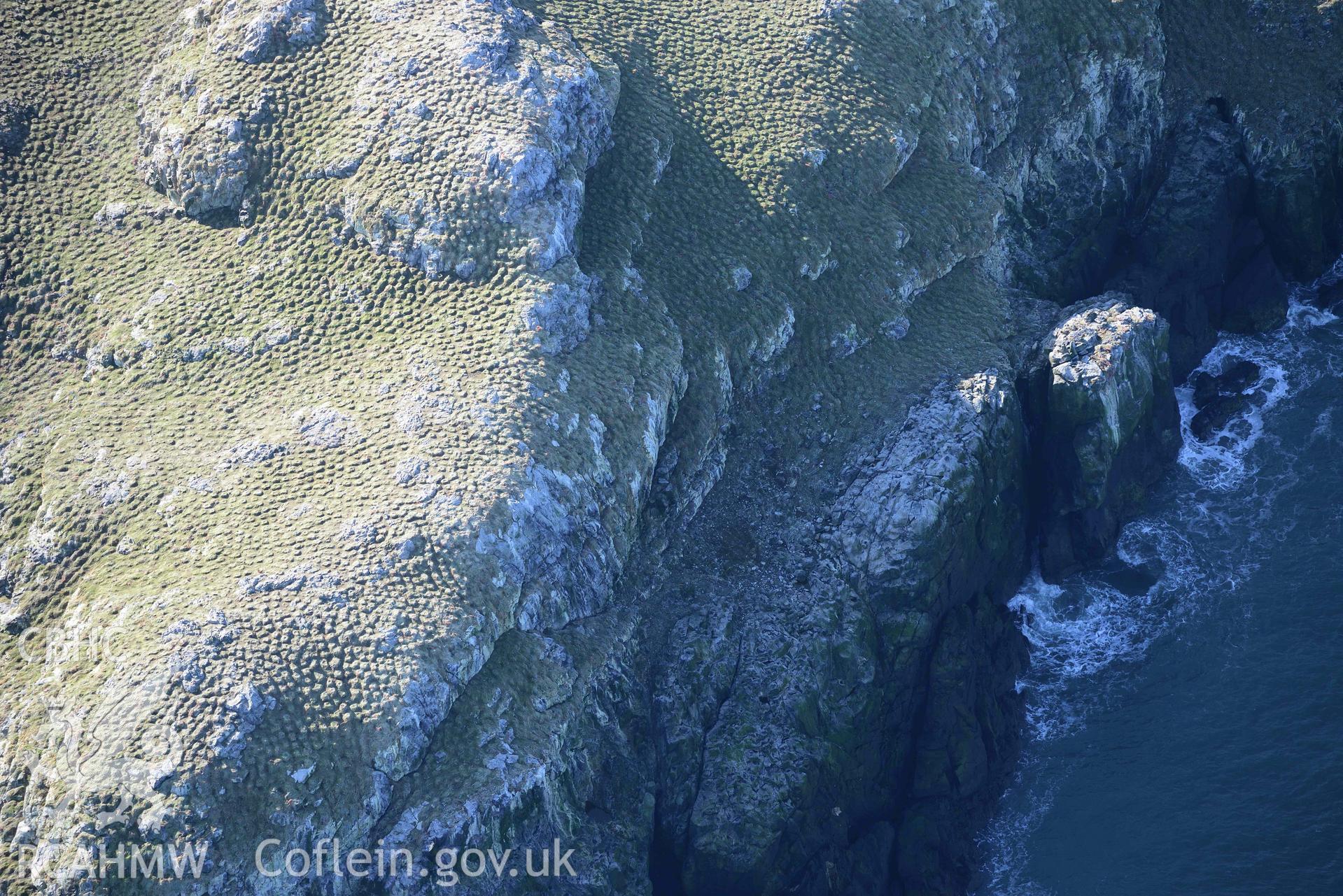 Aerial photo of  Grassholm Island.  Aerial reconnaissance survey for the CHERISH Project. Crown Copyright: CHERISH PROJECT 2018. Produced with EU funds through the Ireland Wales Co-operation Programme 2014-2020. All material made freely available through the Open Government Licence.