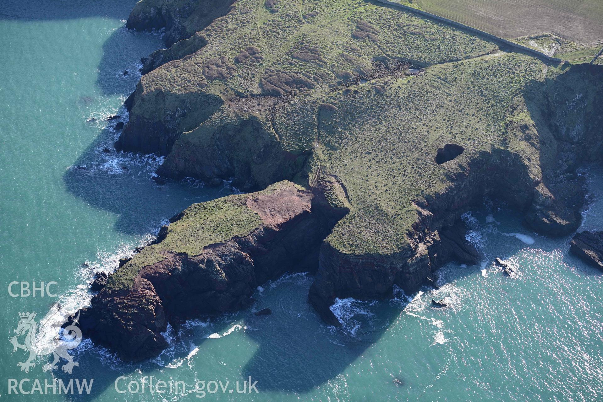 Aerial photo of Nab Head.  Aerial reconnaissance survey for the CHERISH Project. Crown Copyright: CHERISH PROJECT 2018. Produced with EU funds through the Ireland Wales Co-operation Programme 2014-2020. All material made freely available through the Open Government Licence.