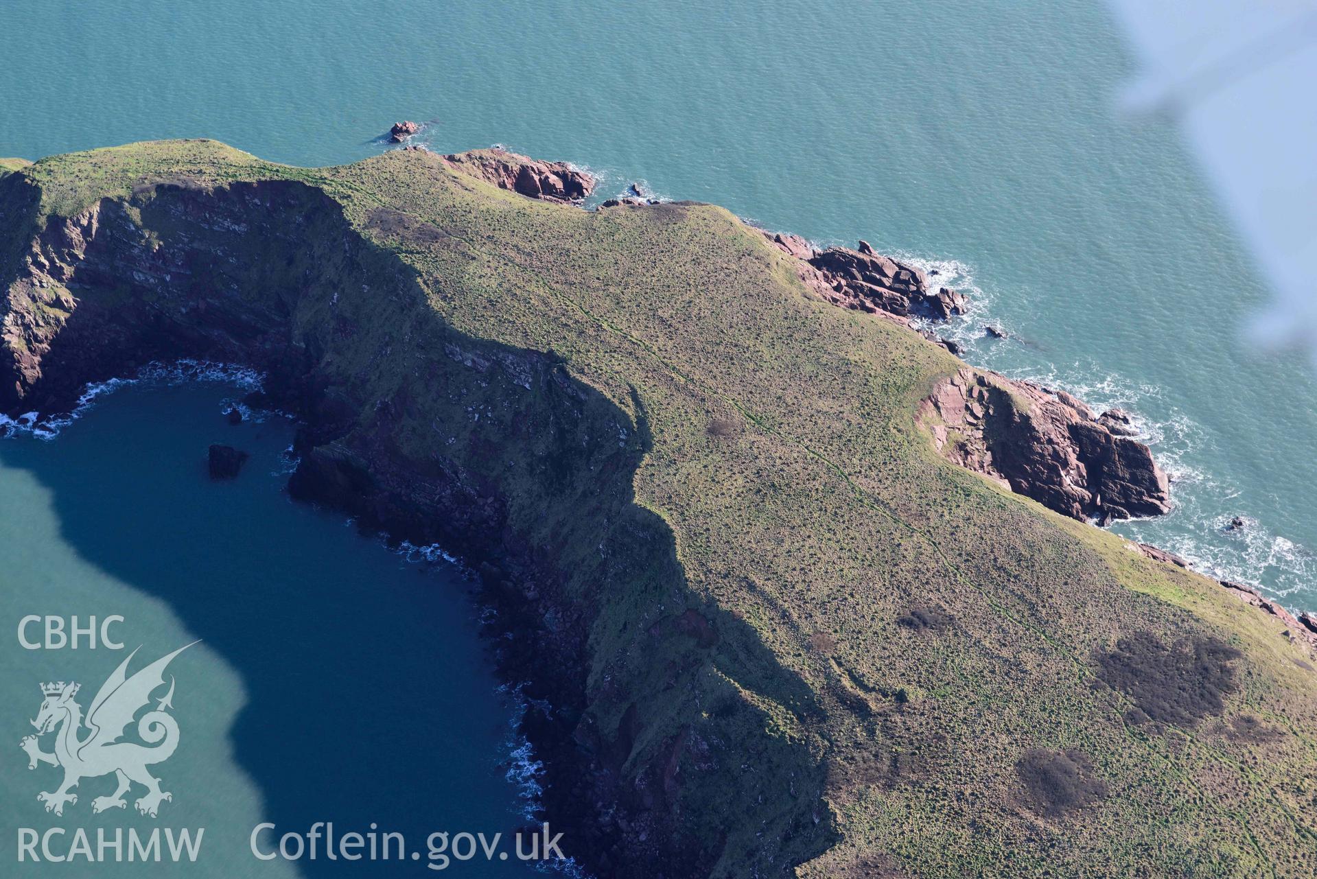 Aerial photo of  Watery Bay Rath.  Aerial reconnaissance survey for the CHERISH Project. Crown Copyright: CHERISH PROJECT 2018. Produced with EU funds through the Ireland Wales Co-operation Programme 2014-2020. All material made freely available through the Open Government Licence.