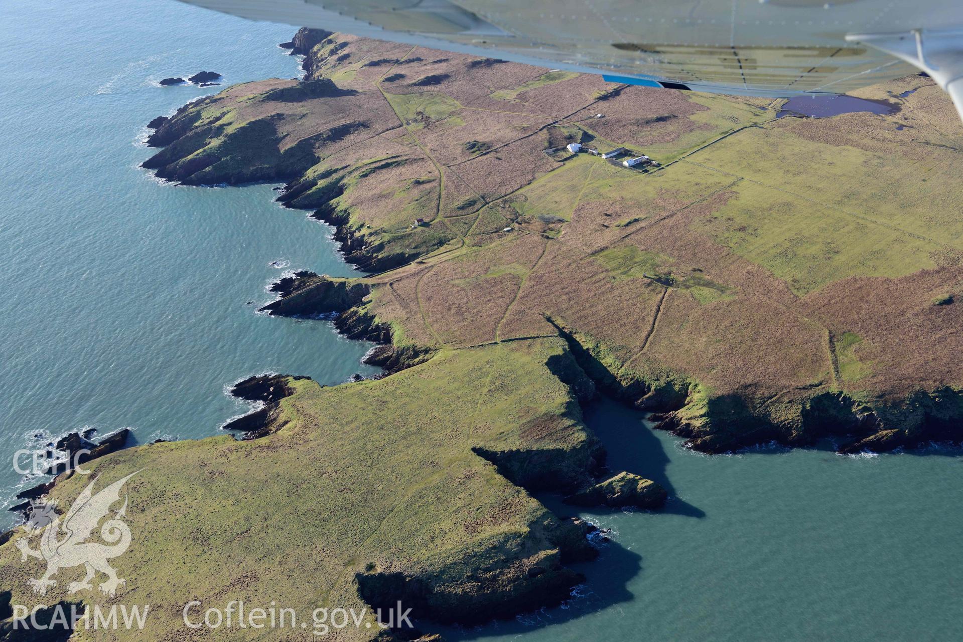 Aerial photo of Skokholm.  Aerial reconnaissance survey for the CHERISH Project. Crown Copyright: CHERISH PROJECT 2018. Produced with EU funds through the Ireland Wales Co-operation Programme 2014-2020. All material made freely available through the Open Government Licence.