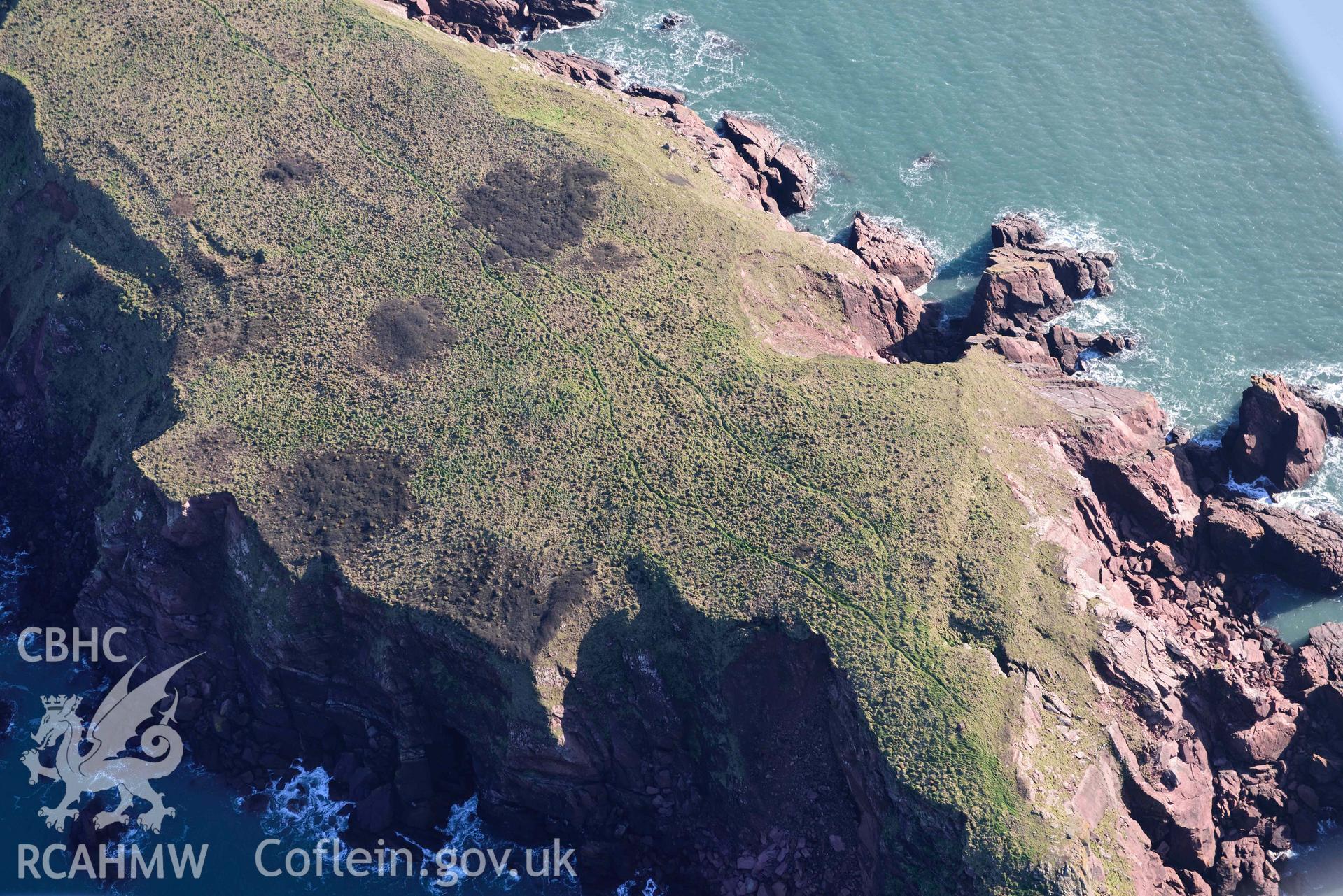 Aerial photo of Gateholm Island.  Aerial reconnaissance survey for the CHERISH Project. Crown Copyright: CHERISH PROJECT 2018. Produced with EU funds through the Ireland Wales Co-operation Programme 2014-2020. All material made freely available through the Open Government Licence.