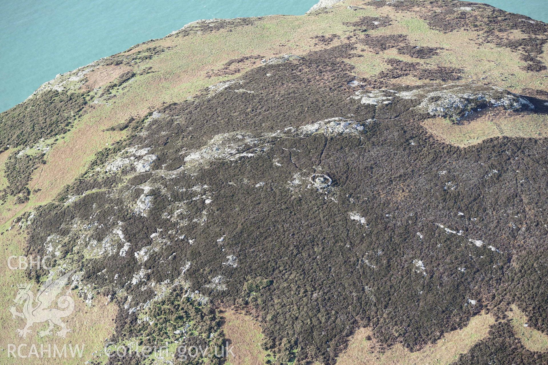 Aerial photo of Carn Ysgubor.  Aerial reconnaissance survey for the CHERISH Project. Crown Copyright: CHERISH PROJECT 2018. Produced with EU funds through the Ireland Wales Co-operation Programme 2014-2020. All material made freely available through the Open Government Licence.