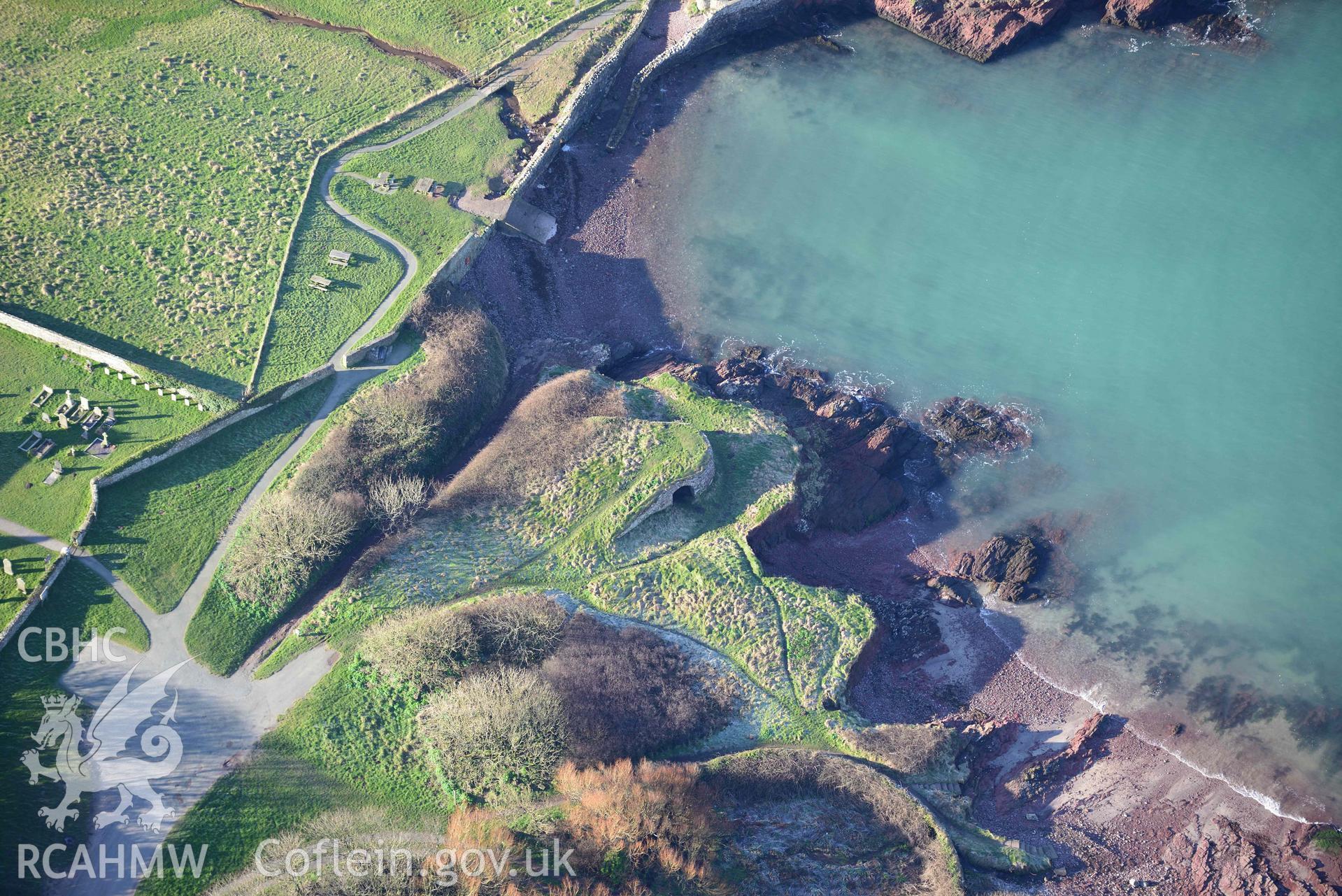 Aerial photo of Chapel,  St Brides.  Aerial reconnaissance survey for the CHERISH Project. Crown Copyright: CHERISH PROJECT 2018. Produced with EU funds through the Ireland Wales Co-operation Programme 2014-2020. All material made freely available through the Open Government Licence.