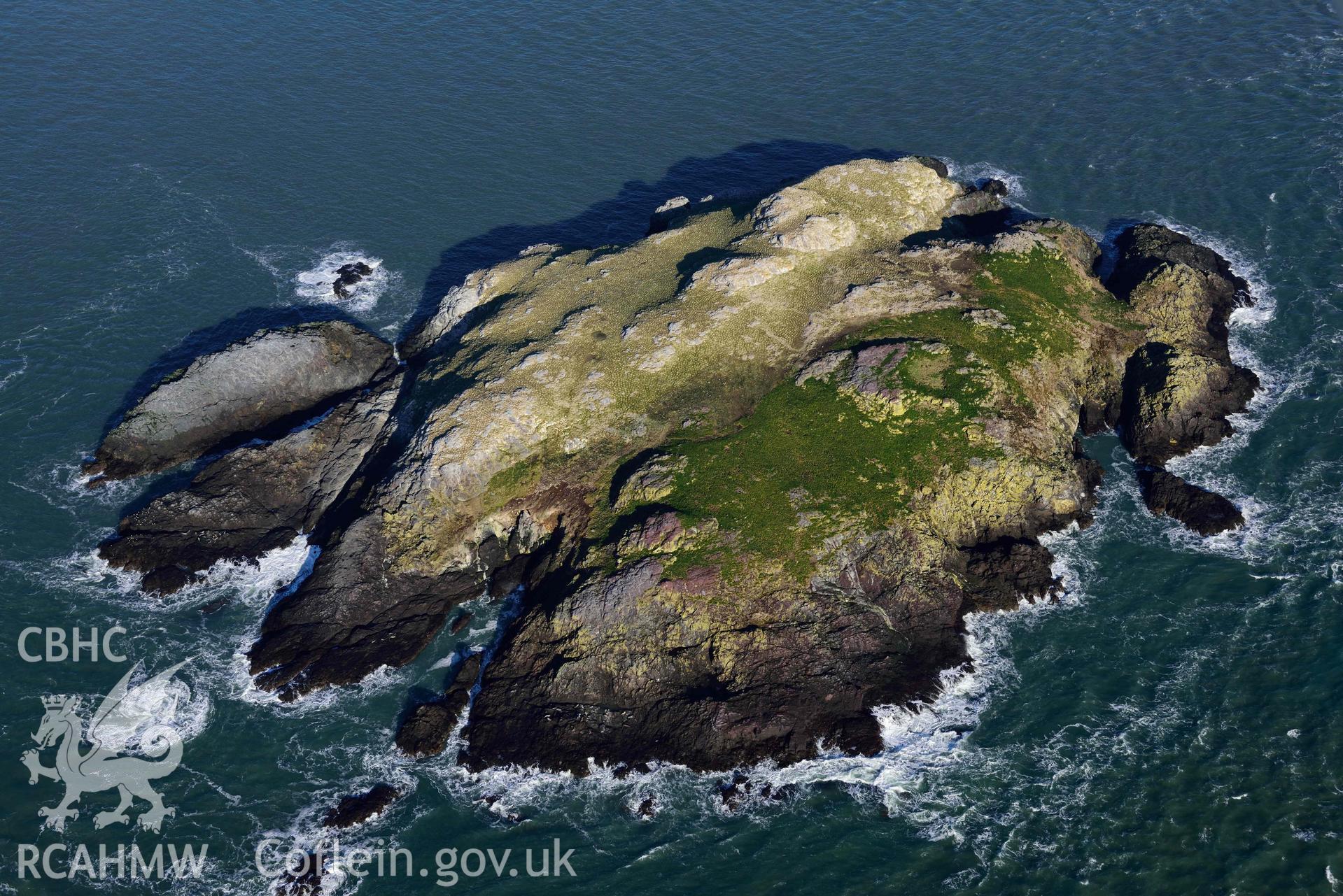 Aerial photo of  Grassholm Island.  Aerial reconnaissance survey for the CHERISH Project. Crown Copyright: CHERISH PROJECT 2018. Produced with EU funds through the Ireland Wales Co-operation Programme 2014-2020. All material made freely available through the Open Government Licence.