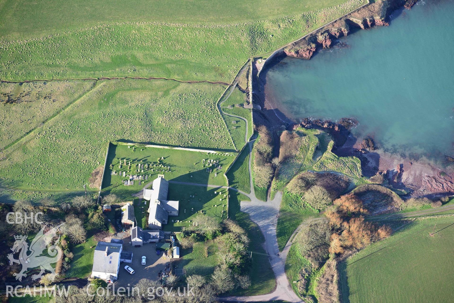 Aerial photo of Chapel,  St Brides.  Aerial reconnaissance survey for the CHERISH Project. Crown Copyright: CHERISH PROJECT 2018. Produced with EU funds through the Ireland Wales Co-operation Programme 2014-2020. All material made freely available through the Open Government Licence.