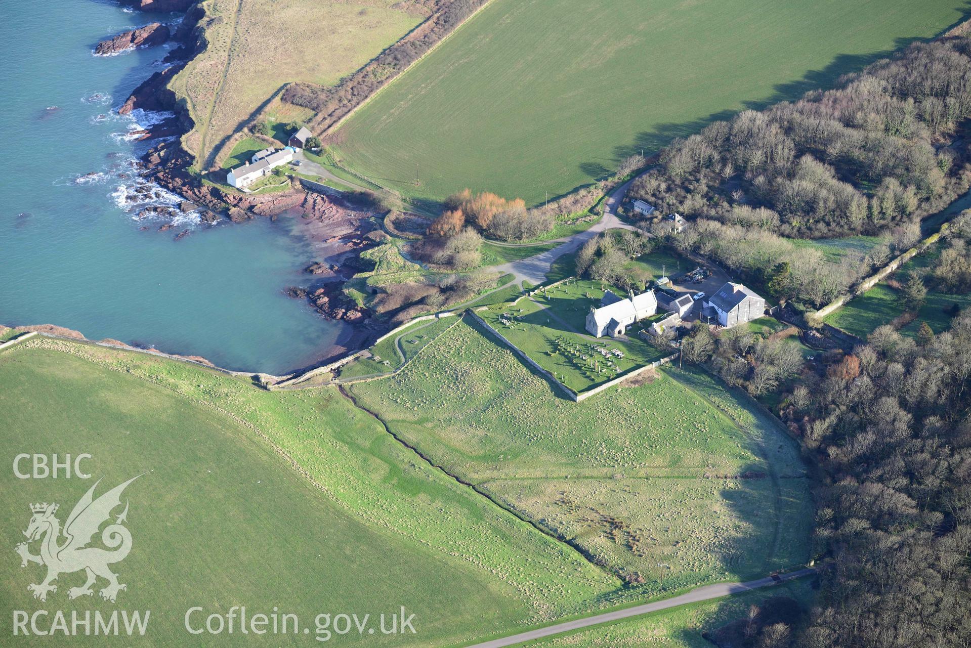 Aerial photo of St Brides church.  Aerial reconnaissance survey for the CHERISH Project. Crown Copyright: CHERISH PROJECT 2018. Produced with EU funds through the Ireland Wales Co-operation Programme 2014-2020. All material made freely available through the Open Government Licence.