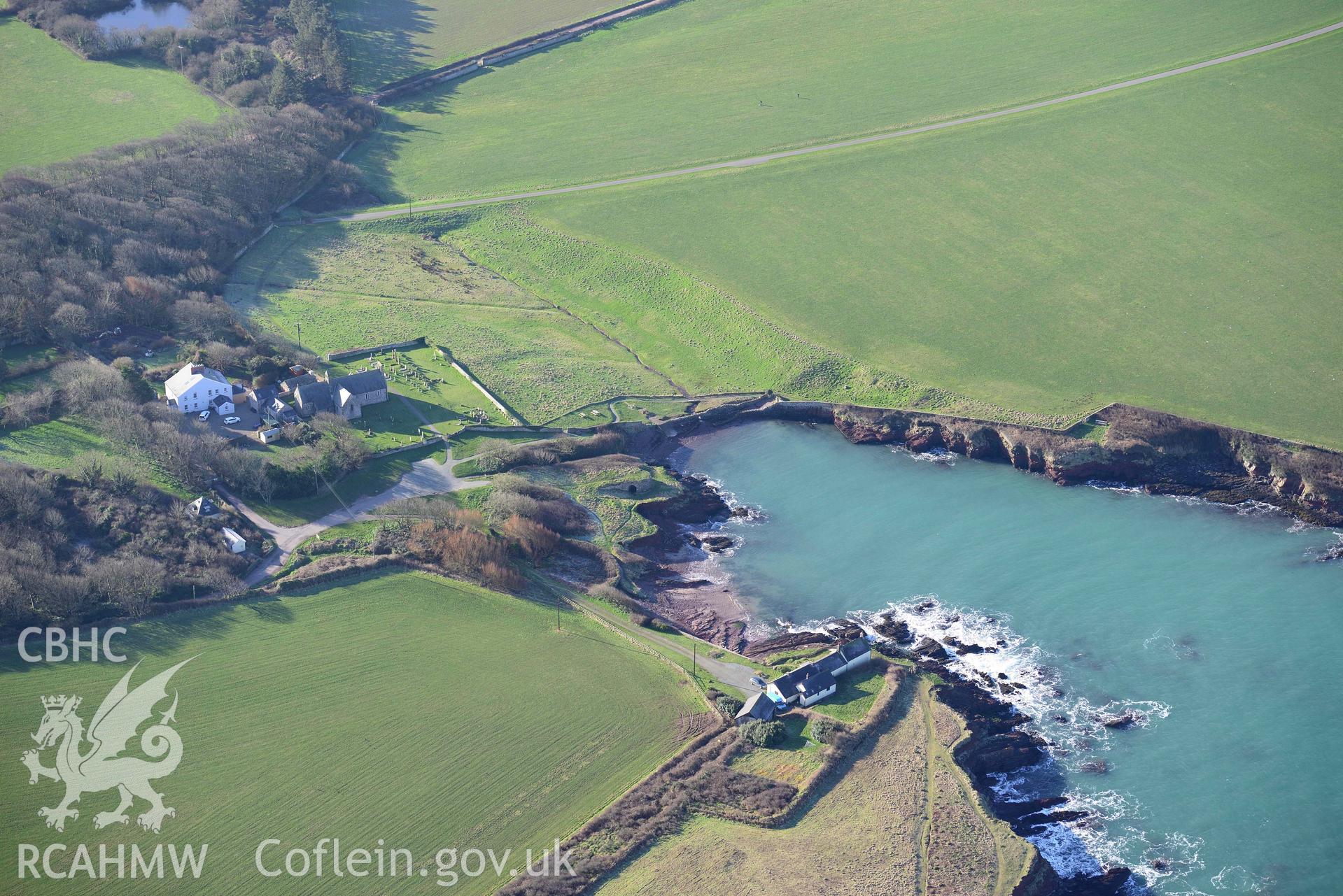 Aerial photo of Chapel,  St Brides.  Aerial reconnaissance survey for the CHERISH Project. Crown Copyright: CHERISH PROJECT 2018. Produced with EU funds through the Ireland Wales Co-operation Programme 2014-2020. All material made freely available through the Open Government Licence.