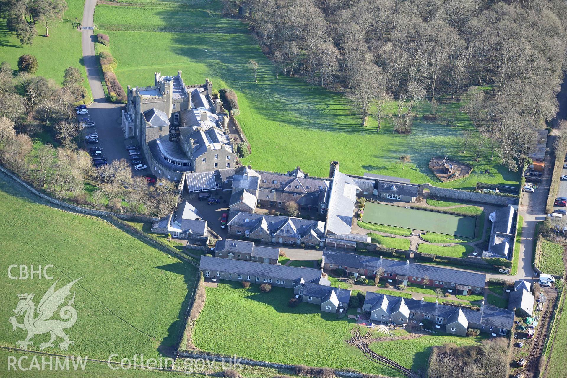 Aerial photo of St Brides Castle.  Aerial reconnaissance survey for the CHERISH Project. Crown Copyright: CHERISH PROJECT 2018. Produced with EU funds through the Ireland Wales Co-operation Programme 2014-2020. All material made freely available through the Open Government Licence.