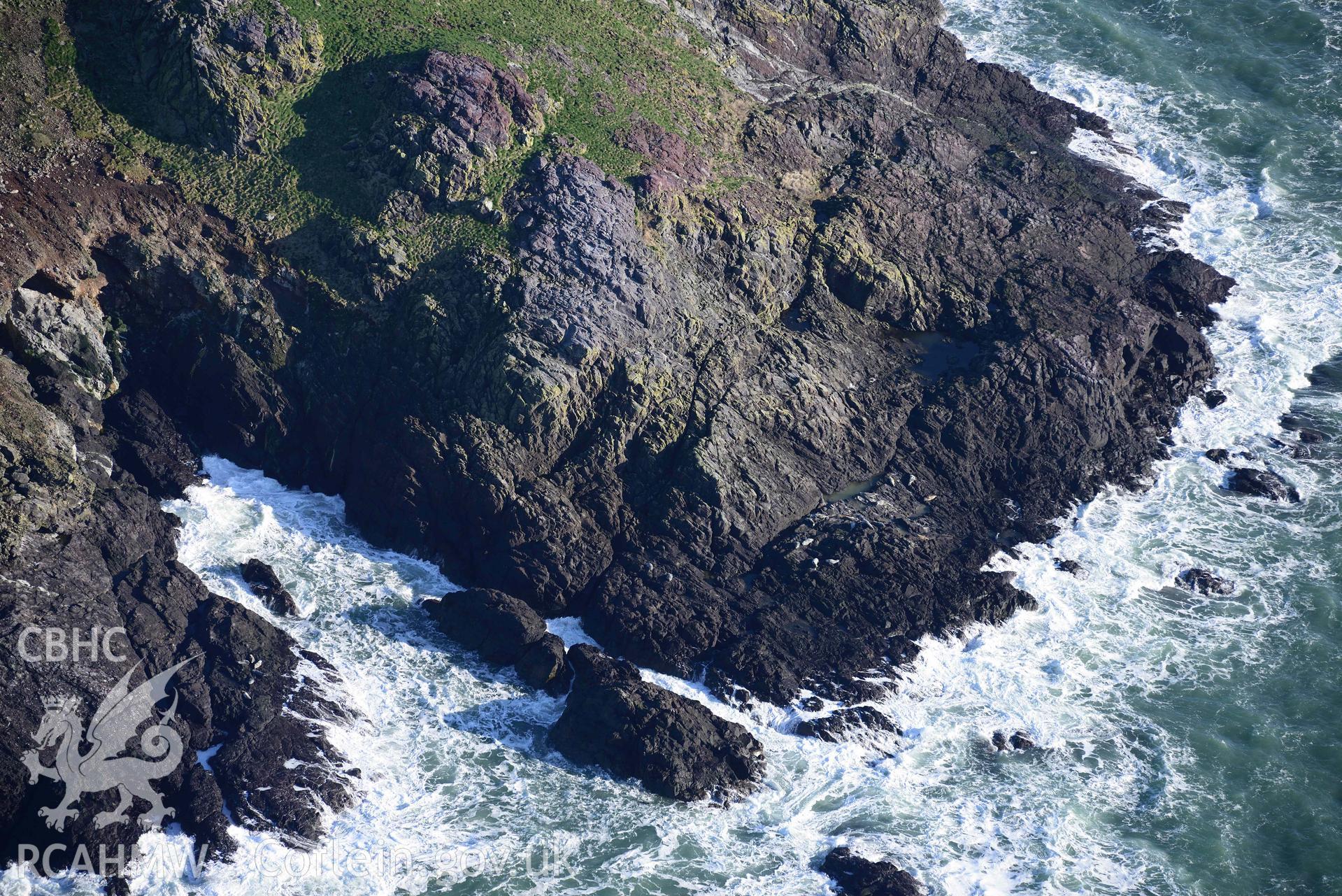 Aerial photo of  Grassholm Island.  Aerial reconnaissance survey for the CHERISH Project. Crown Copyright: CHERISH PROJECT 2018. Produced with EU funds through the Ireland Wales Co-operation Programme 2014-2020. All material made freely available through the Open Government Licence.