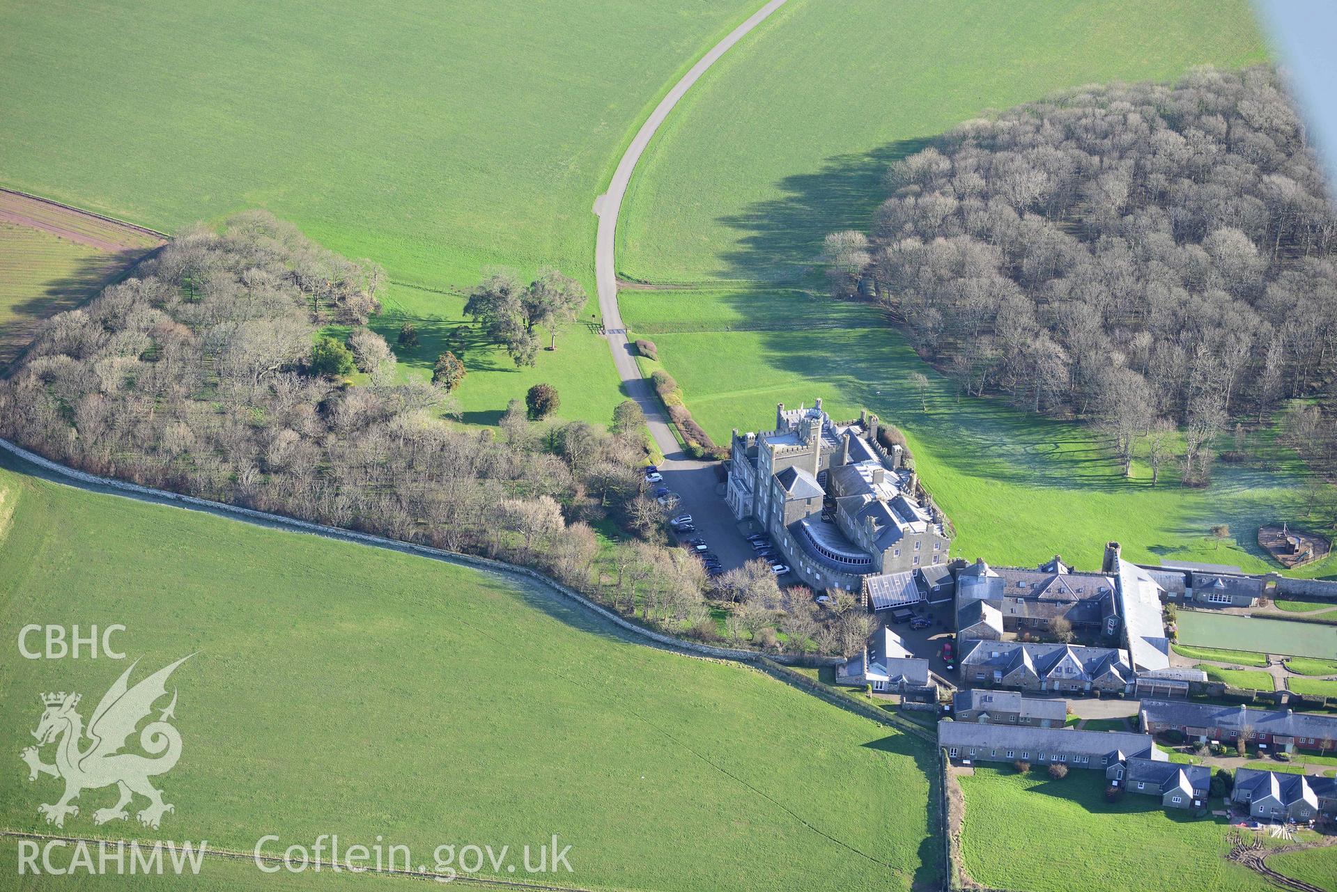 Aerial photo of St Brides Castle.  Aerial reconnaissance survey for the CHERISH Project. Crown Copyright: CHERISH PROJECT 2018. Produced with EU funds through the Ireland Wales Co-operation Programme 2014-2020. All material made freely available through the Open Government Licence.