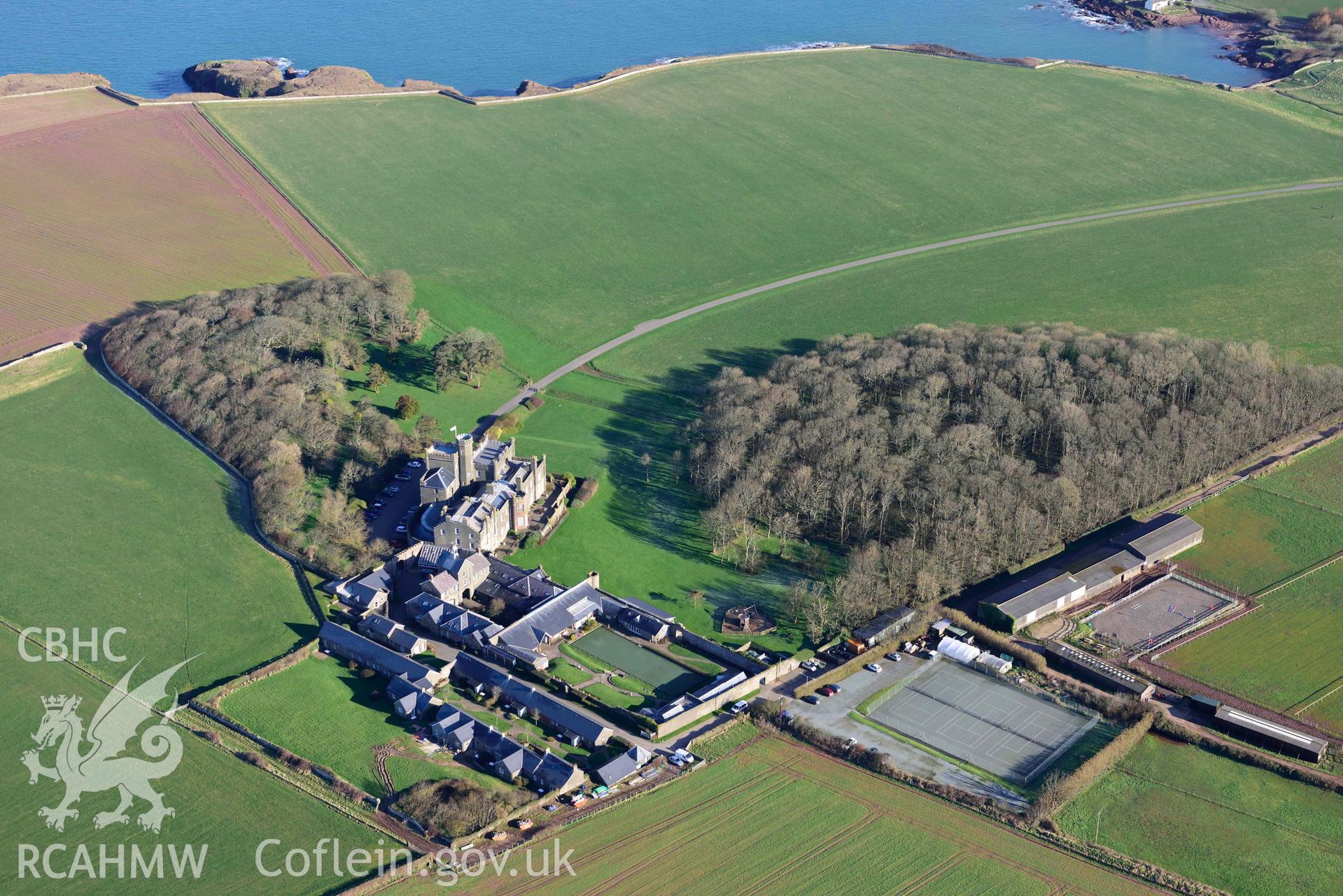 Aerial photo of St Brides Castle.  Aerial reconnaissance survey for the CHERISH Project. Crown Copyright: CHERISH PROJECT 2018. Produced with EU funds through the Ireland Wales Co-operation Programme 2014-2020. All material made freely available through the Open Government Licence.