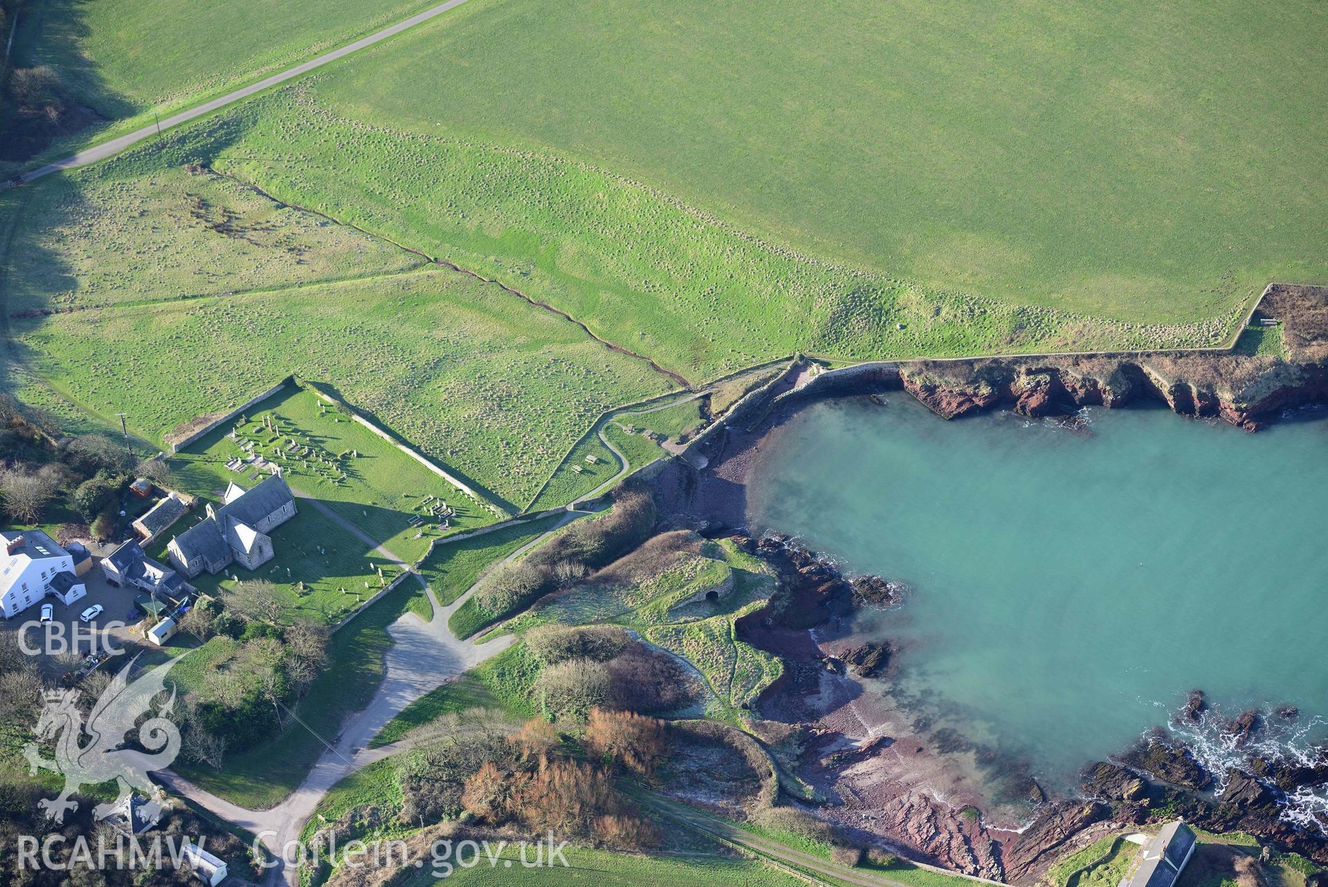 Aerial photo of Chapel,  St Brides.  Aerial reconnaissance survey for the CHERISH Project. Crown Copyright: CHERISH PROJECT 2018. Produced with EU funds through the Ireland Wales Co-operation Programme 2014-2020. All material made freely available through the Open Government Licence.