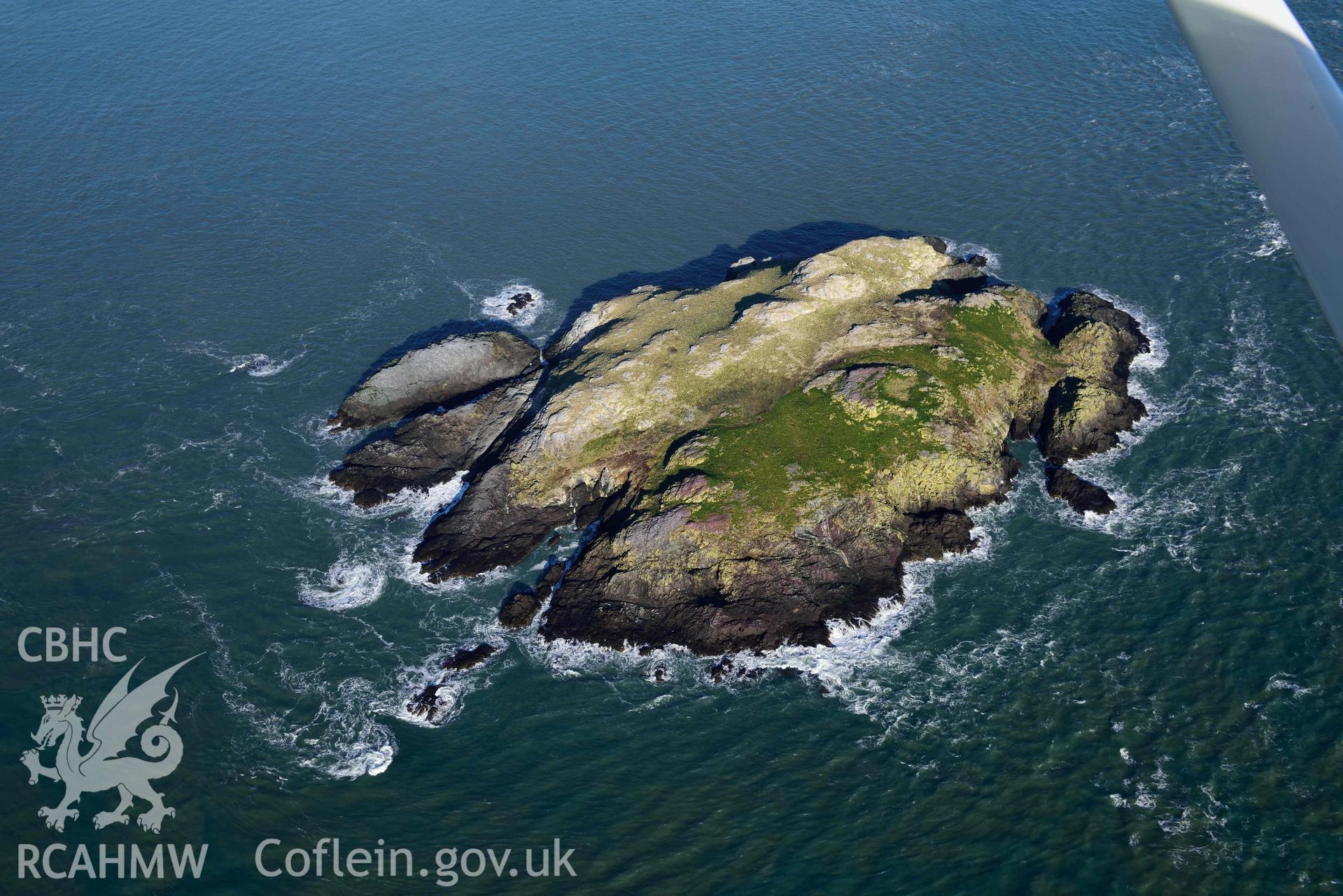 Aerial photo of  Grassholm Island.  Aerial reconnaissance survey for the CHERISH Project. Crown Copyright: CHERISH PROJECT 2018. Produced with EU funds through the Ireland Wales Co-operation Programme 2014-2020. All material made freely available through the Open Government Licence.