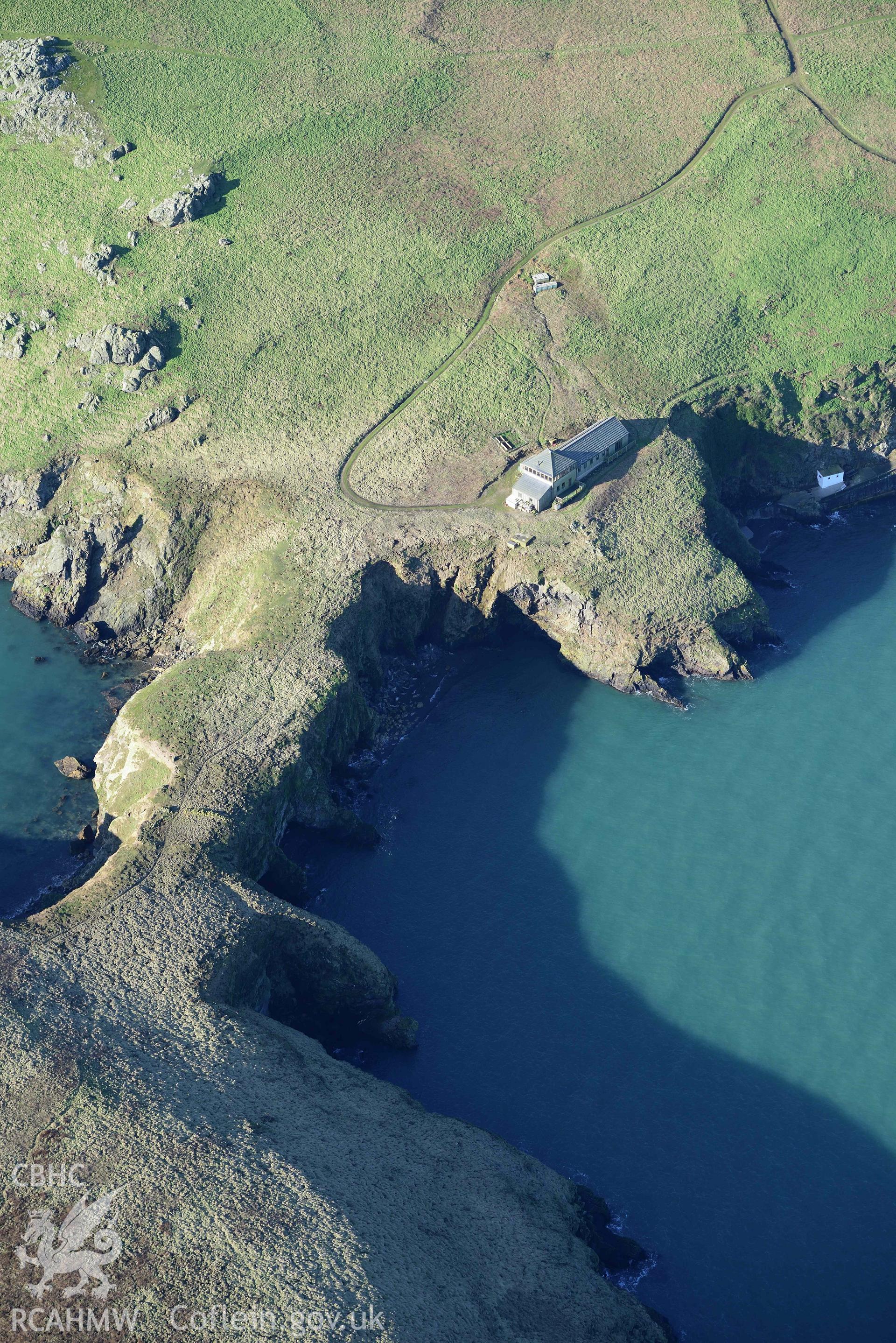 Aerial photo of Skomer warden.  Aerial reconnaissance survey for the CHERISH Project. Crown Copyright: CHERISH PROJECT 2018. Produced with EU funds through the Ireland Wales Co-operation Programme 2014-2020. All material made freely available through the Open Government Licence.