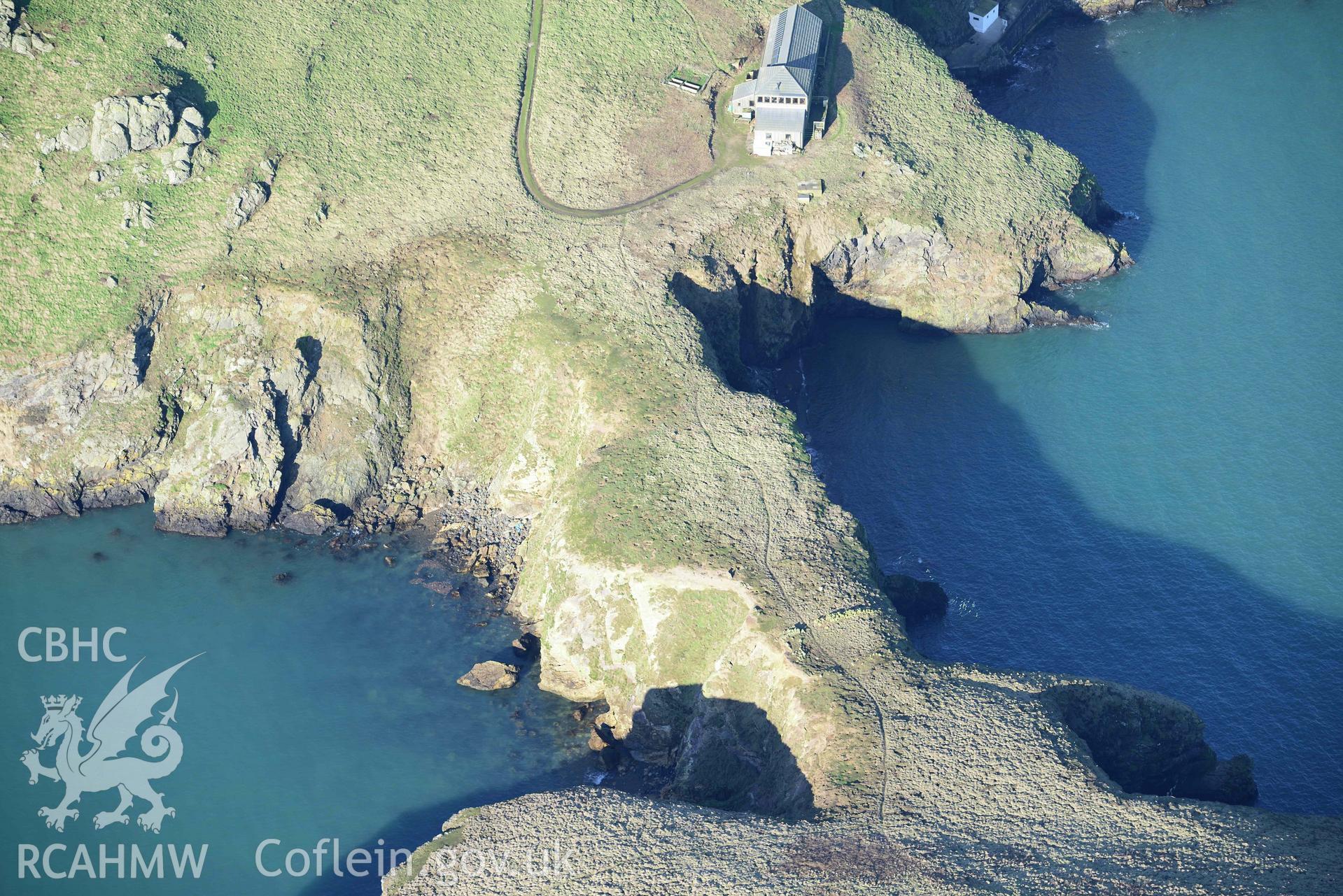 Aerial photo of Skomer warden.  Aerial reconnaissance survey for the CHERISH Project. Crown Copyright: CHERISH PROJECT 2018. Produced with EU funds through the Ireland Wales Co-operation Programme 2014-2020. All material made freely available through the Open Government Licence.