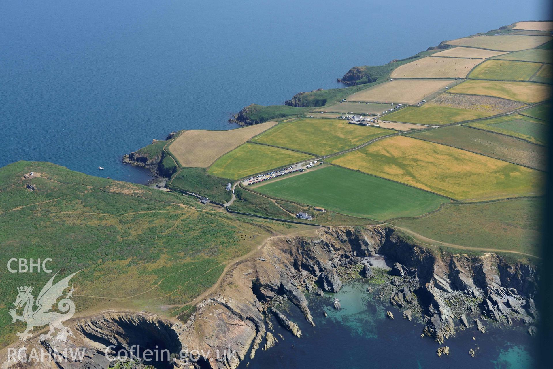 Aerial photography of Deer Park promotory fort and Martins Haven from the south west Aerial reconnaissance survey for the CHERISH Project. Crown Copyright: CHERISH PROJECT 2018. Produced with EU funds through the Ireland Wales Co-operation Programme 2014-2020. All material made freely available through the Open Government Licence.