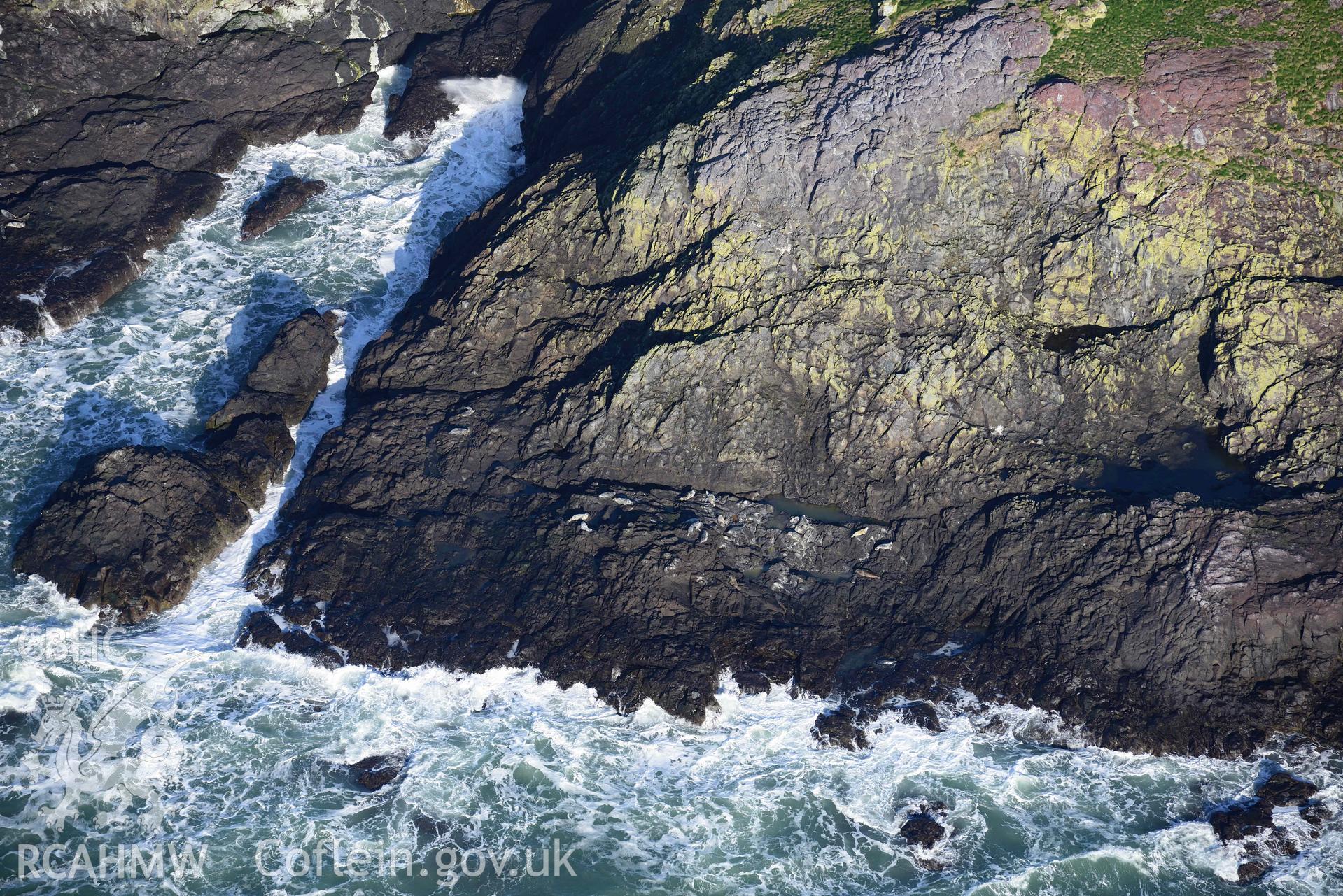 Aerial photo of  Grassholm Island.  Aerial reconnaissance survey for the CHERISH Project. Crown Copyright: CHERISH PROJECT 2018. Produced with EU funds through the Ireland Wales Co-operation Programme 2014-2020. All material made freely available through the Open Government Licence.