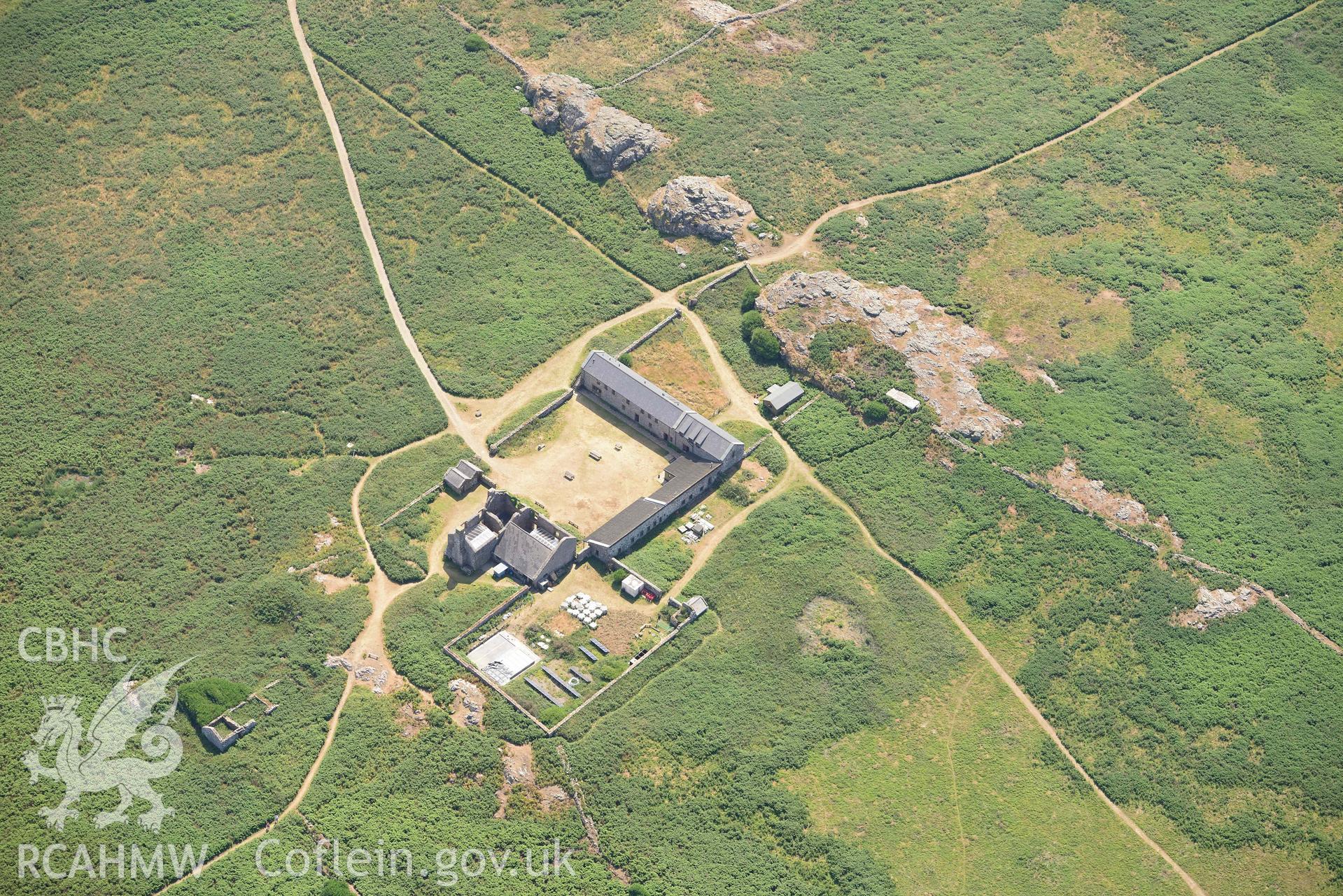 Aerial photography of Old Farm Skomer, Skomer Island Aerial reconnaissance survey for the CHERISH Project. Crown Copyright: CHERISH PROJECT 2018. Produced with EU funds through the Ireland Wales Co-operation Programme 2014-2020. All material made freely available through the Open Government Licence.