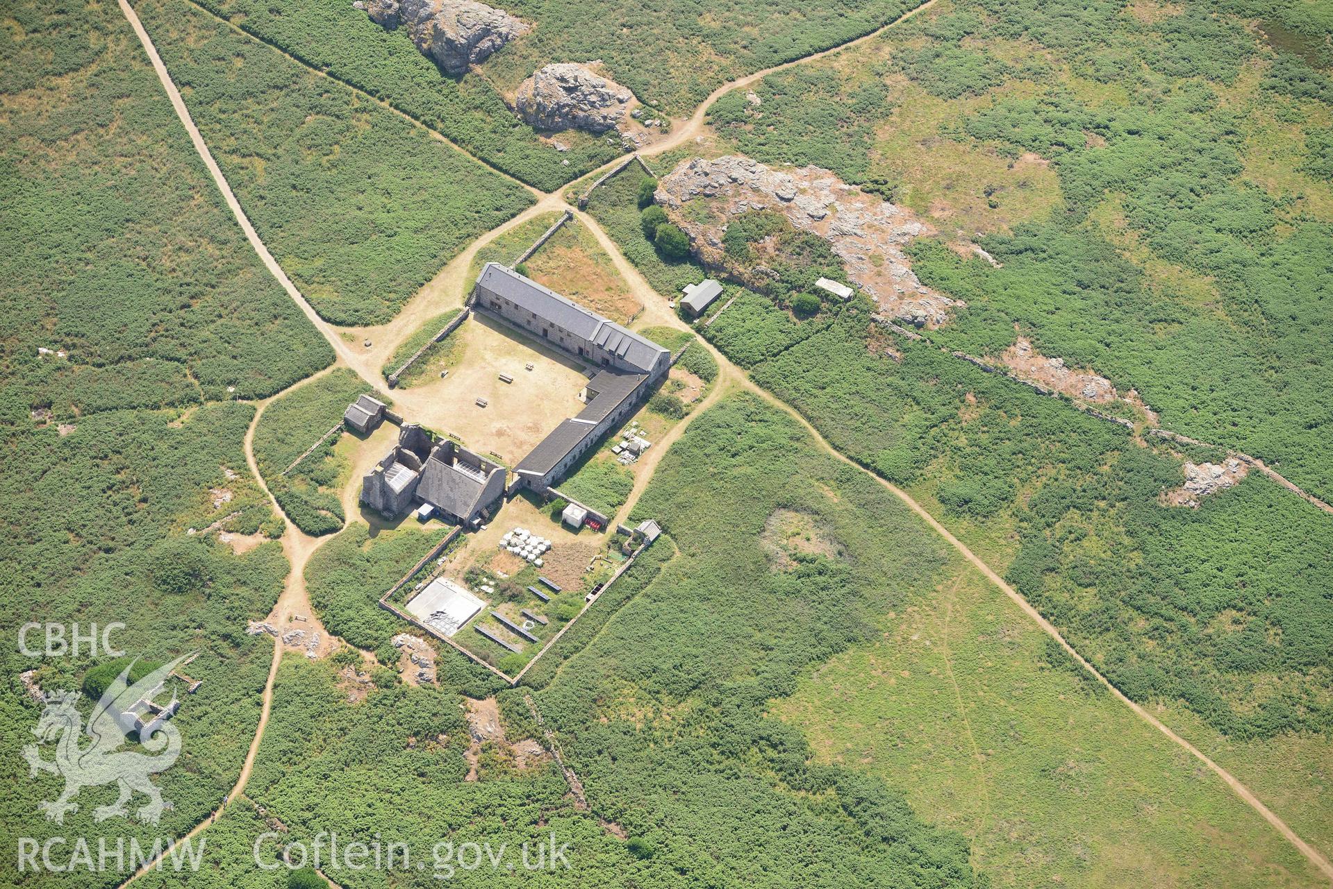 Aerial photography of Old Farm Skomer, Skomer Island Aerial reconnaissance survey for the CHERISH Project. Crown Copyright: CHERISH PROJECT 2018. Produced with EU funds through the Ireland Wales Co-operation Programme 2014-2020. All material made freely available through the Open Government Licence.