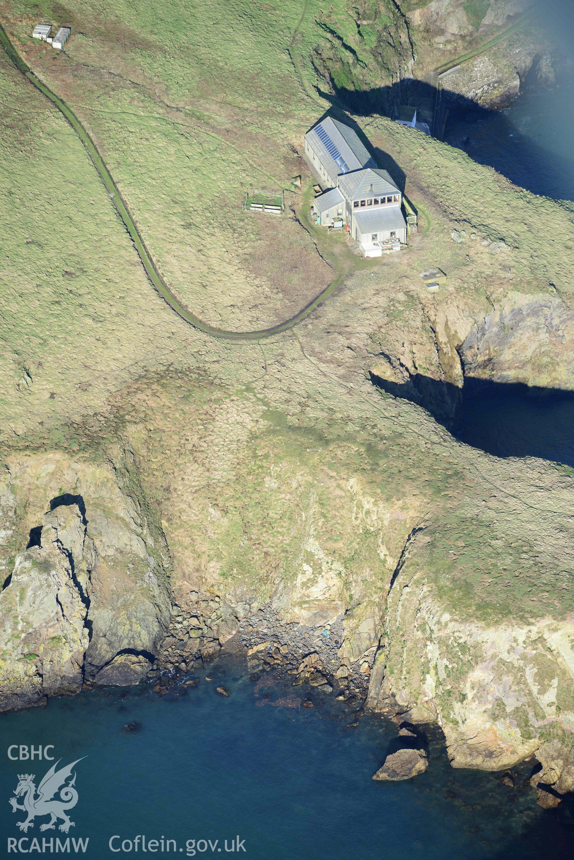 Aerial photo of Skomer warden.  Aerial reconnaissance survey for the CHERISH Project. Crown Copyright: CHERISH PROJECT 2018. Produced with EU funds through the Ireland Wales Co-operation Programme 2014-2020. All material made freely available through the Open Government Licence.