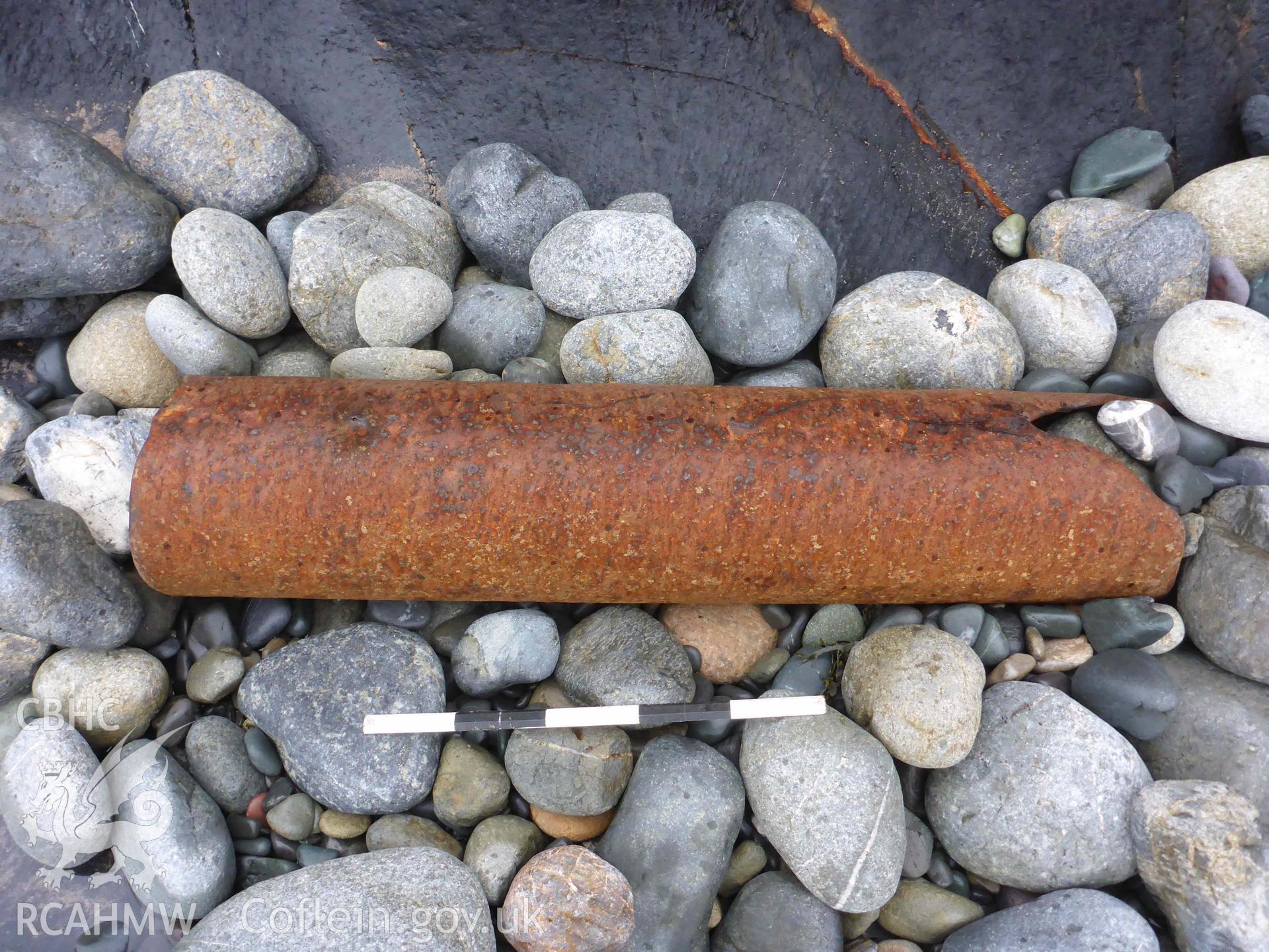 Partial hawsepipe (aft half) from the bow of the NIDELV within the main area of wreckage on Musselwick Sands, on 13/01/2025. Scale is 0.5m.