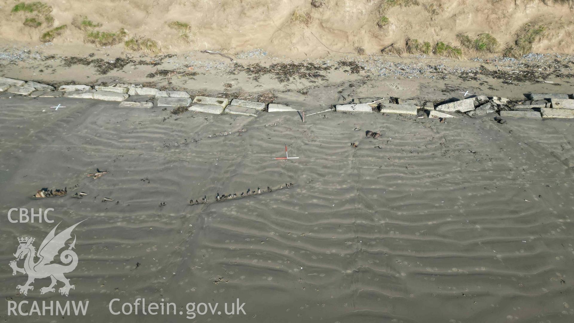 Oblique view of the wreck of the FRANCIS BEDDOE, looking north on 31/01/2025. Scales are 1m.