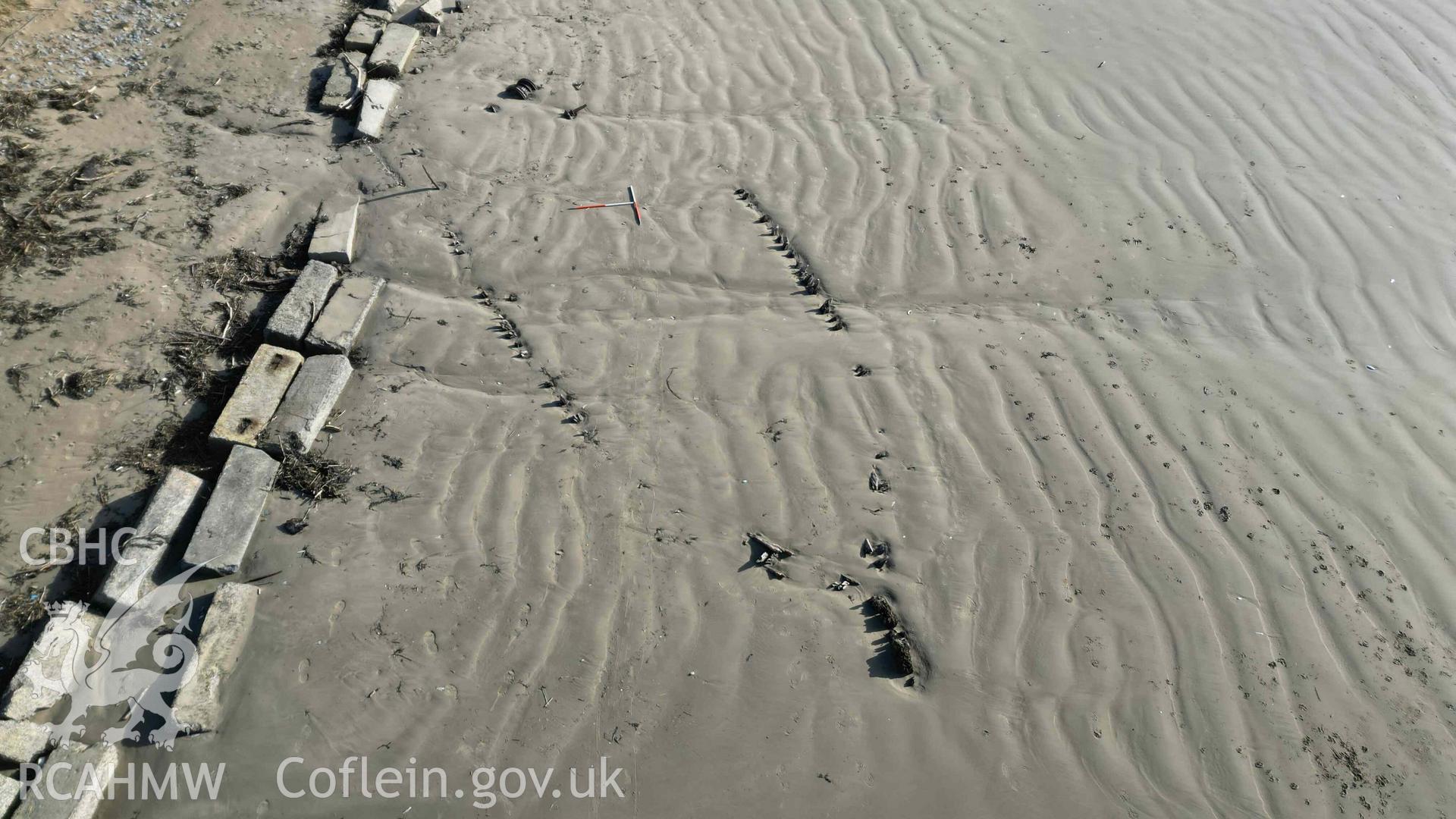 Oblique view of the wreck of the FRANCIS BEDDOE, looking east on 31/01/2025. Scales are 1m.