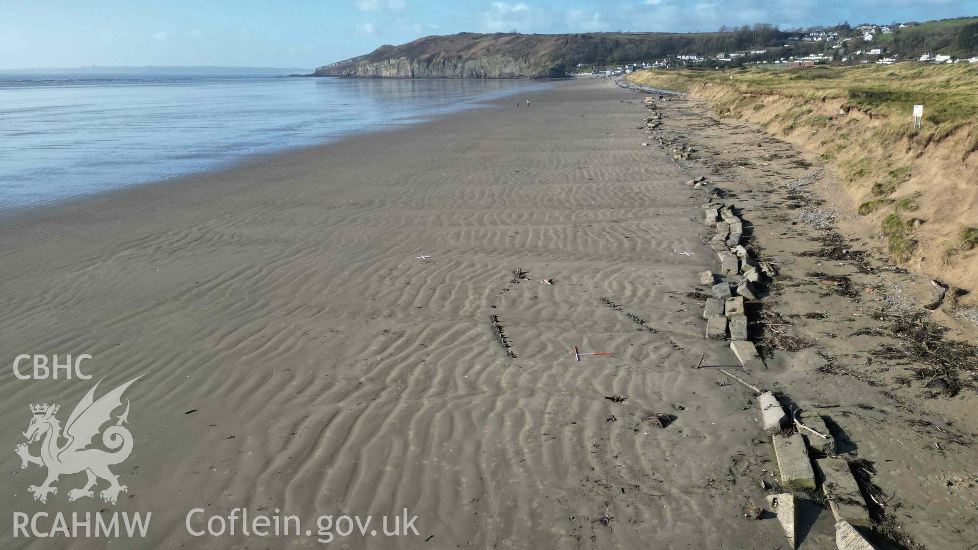 General oblique view of the wreck of the FRANCIS BEDDOE on Pendine Beach, looking west on 31/01/2025. Scales are 1m.