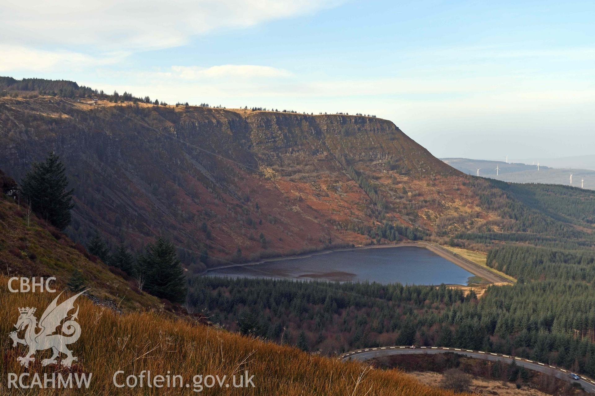 Landscape view of lake looking west from Rhigos Viewpoint