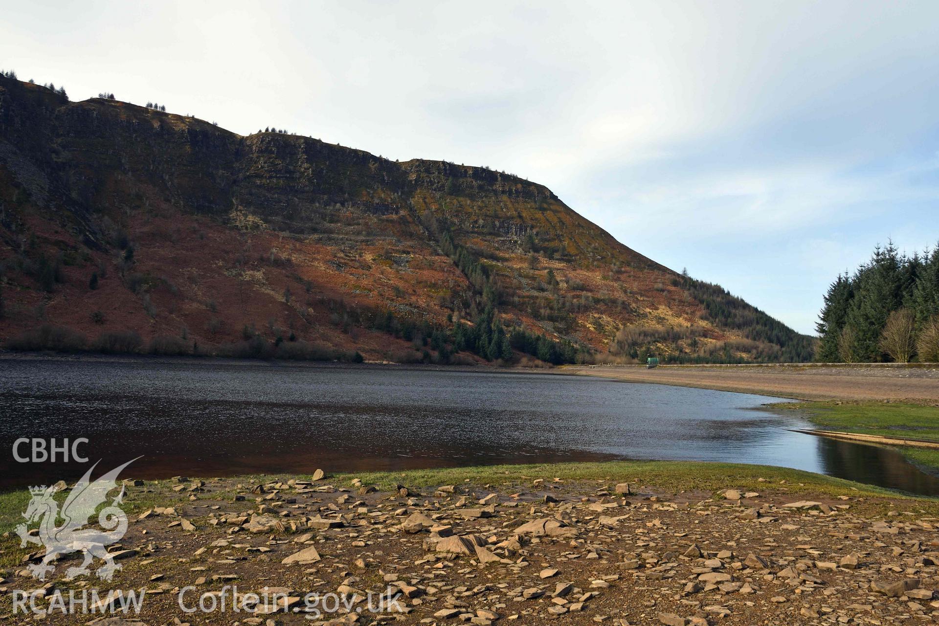 Lake, now reservoir, and modern dam looking north-west