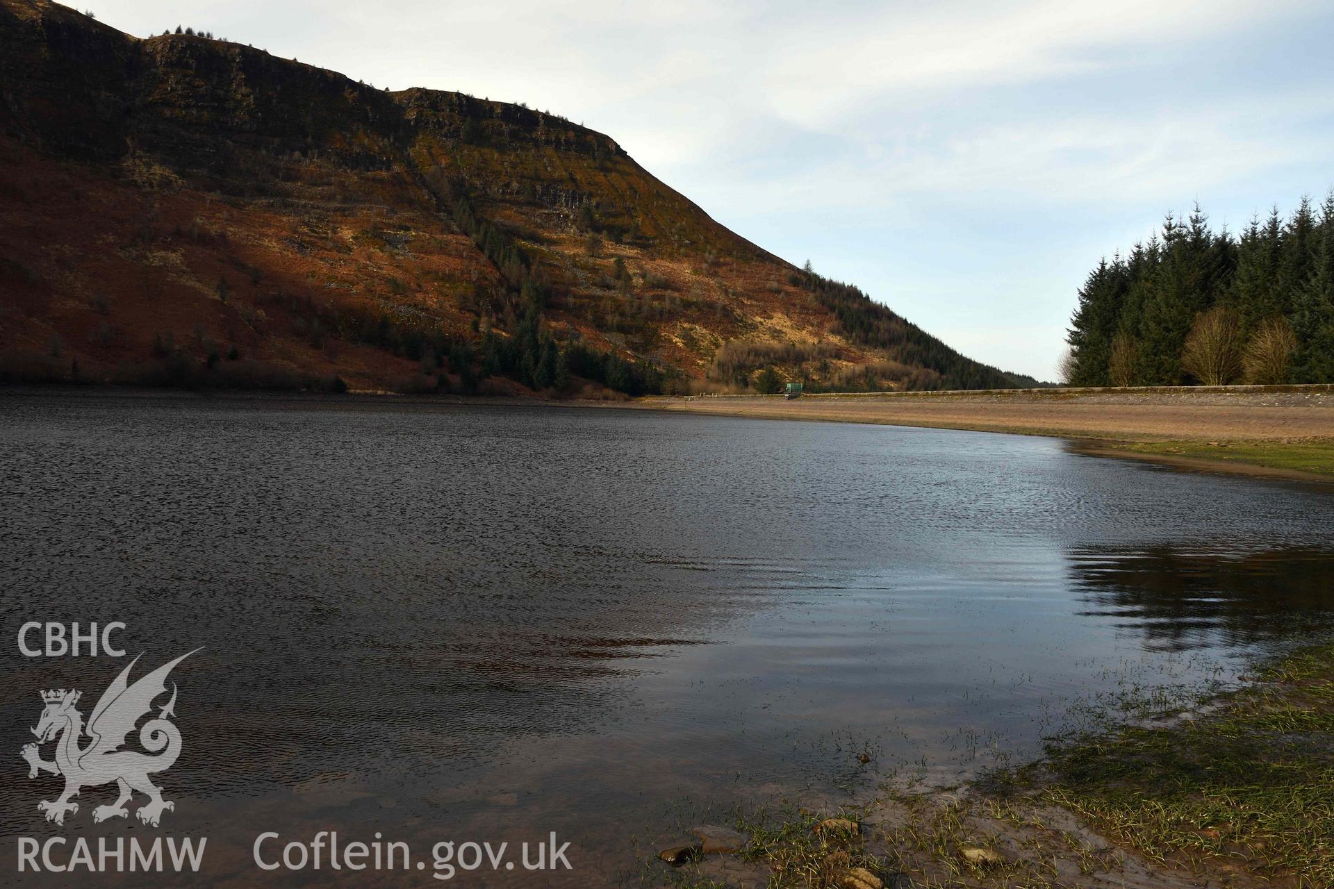 Lake, now reservoir, and modern dam looking north-west