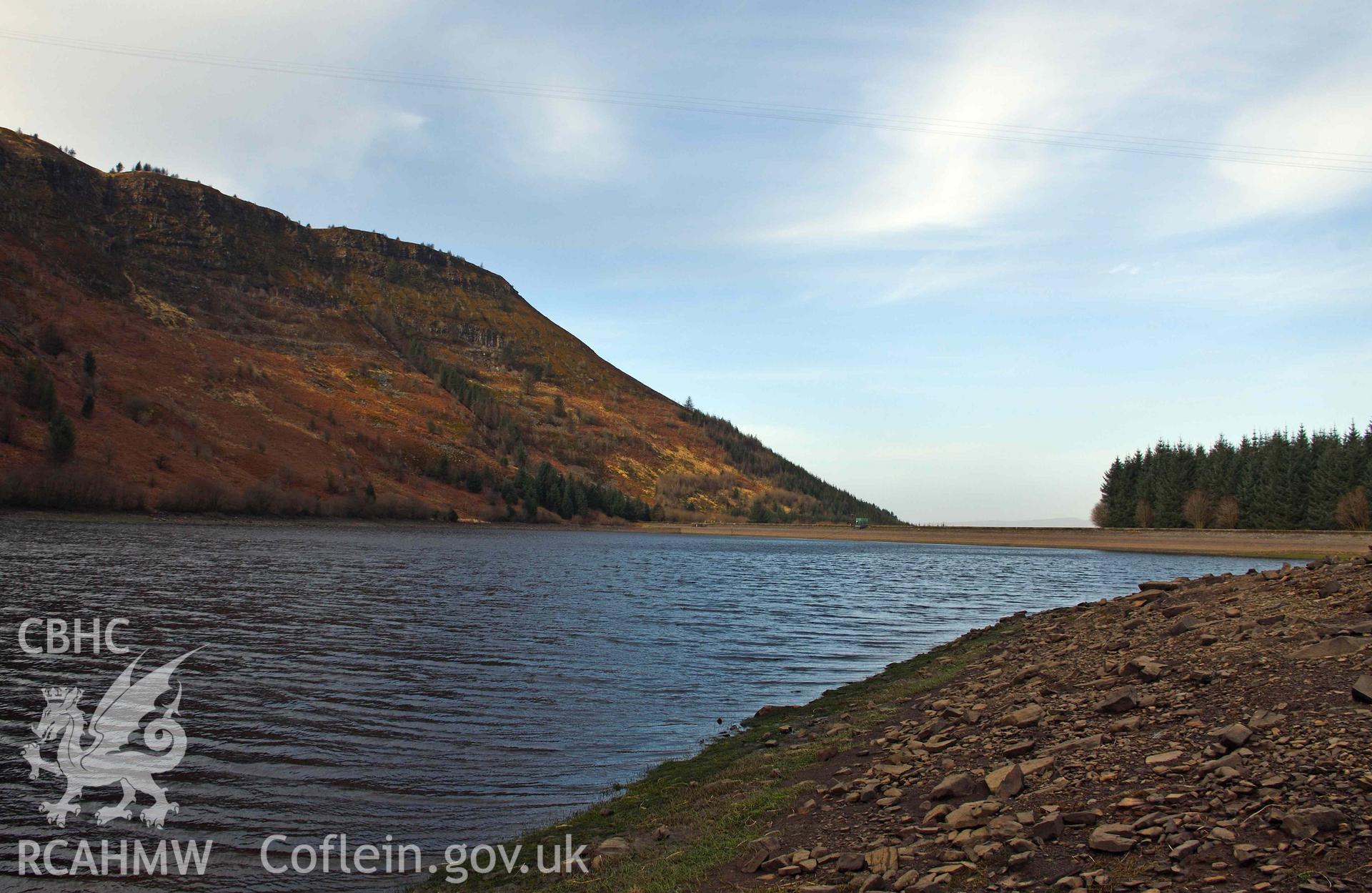 Lake, now reservoir, and modern dam looking north-west