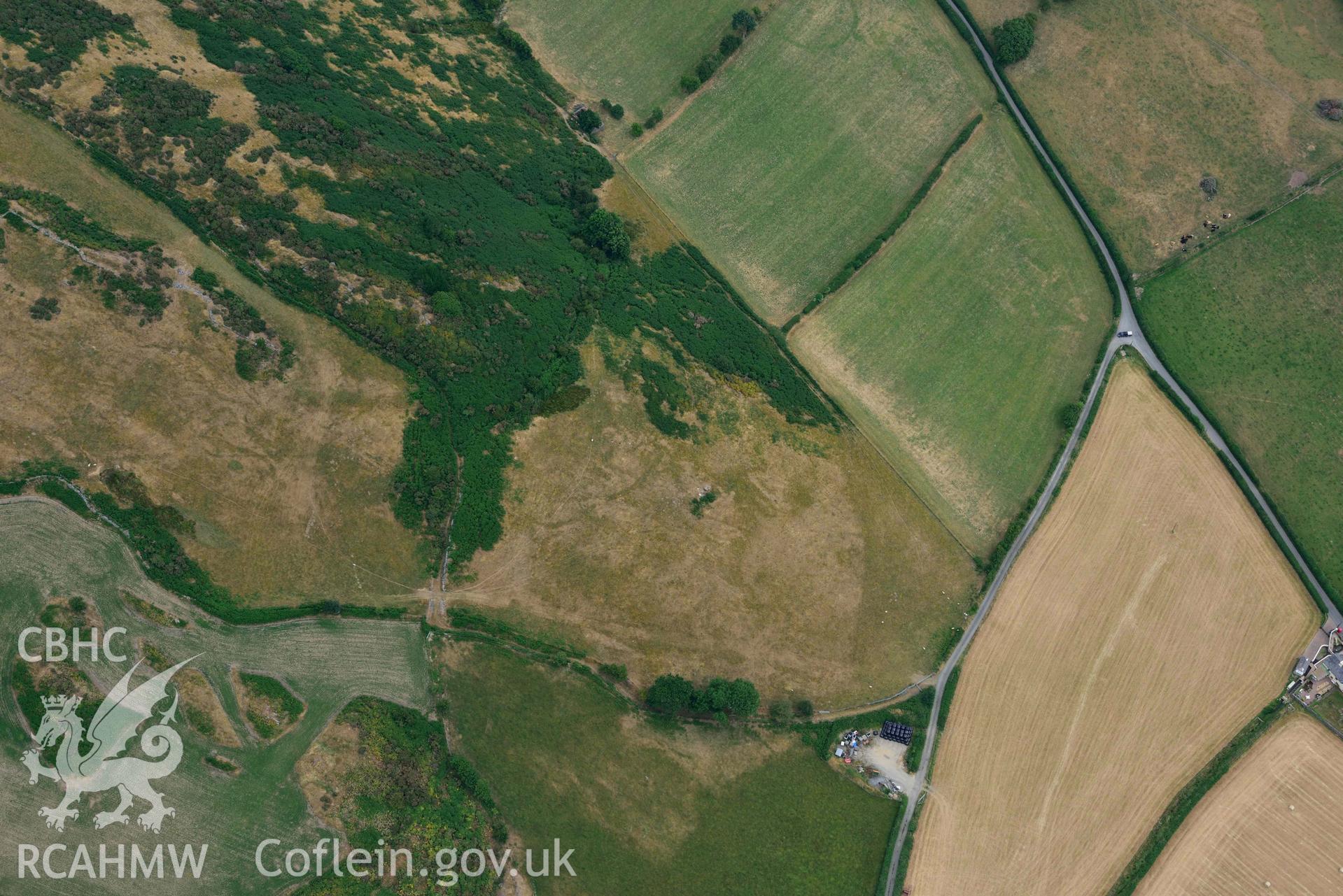 Aerial photograph: Allt-lwyd, parchmarks of ridge-top defended enclosure. Crown: CHERISH PROJECT 2018. Produced with EU funds through the Ireland Wales Co-operation Programme 2014-2020 (NGR SH629987)