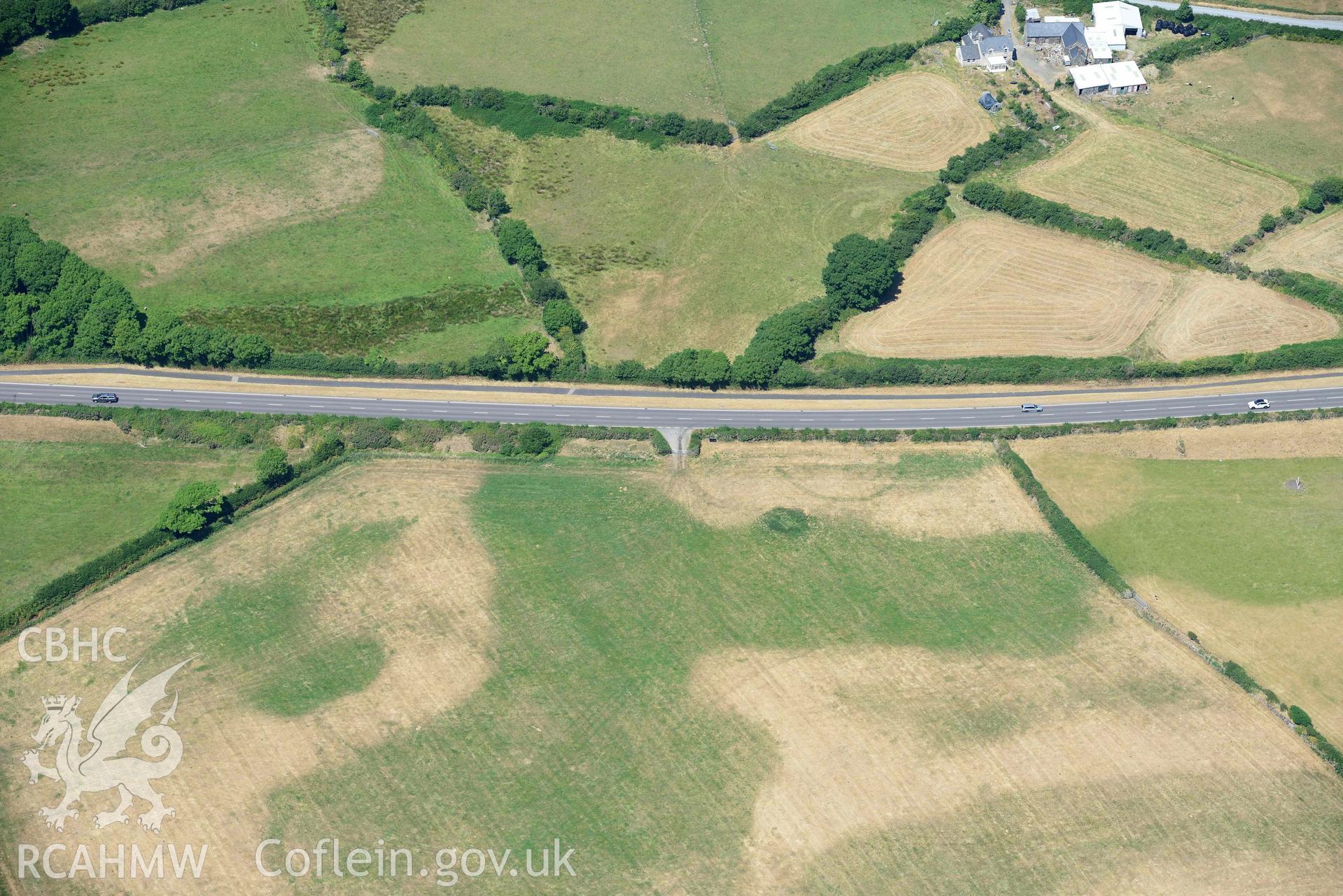 Aerial photograph: Hen-Efail cropmark enclosure. Crown: CHERISH PROJECT 2018. Produced with EU funds through the Ireland Wales Co-operation Programme 2014-2020 (NGR SH449377)