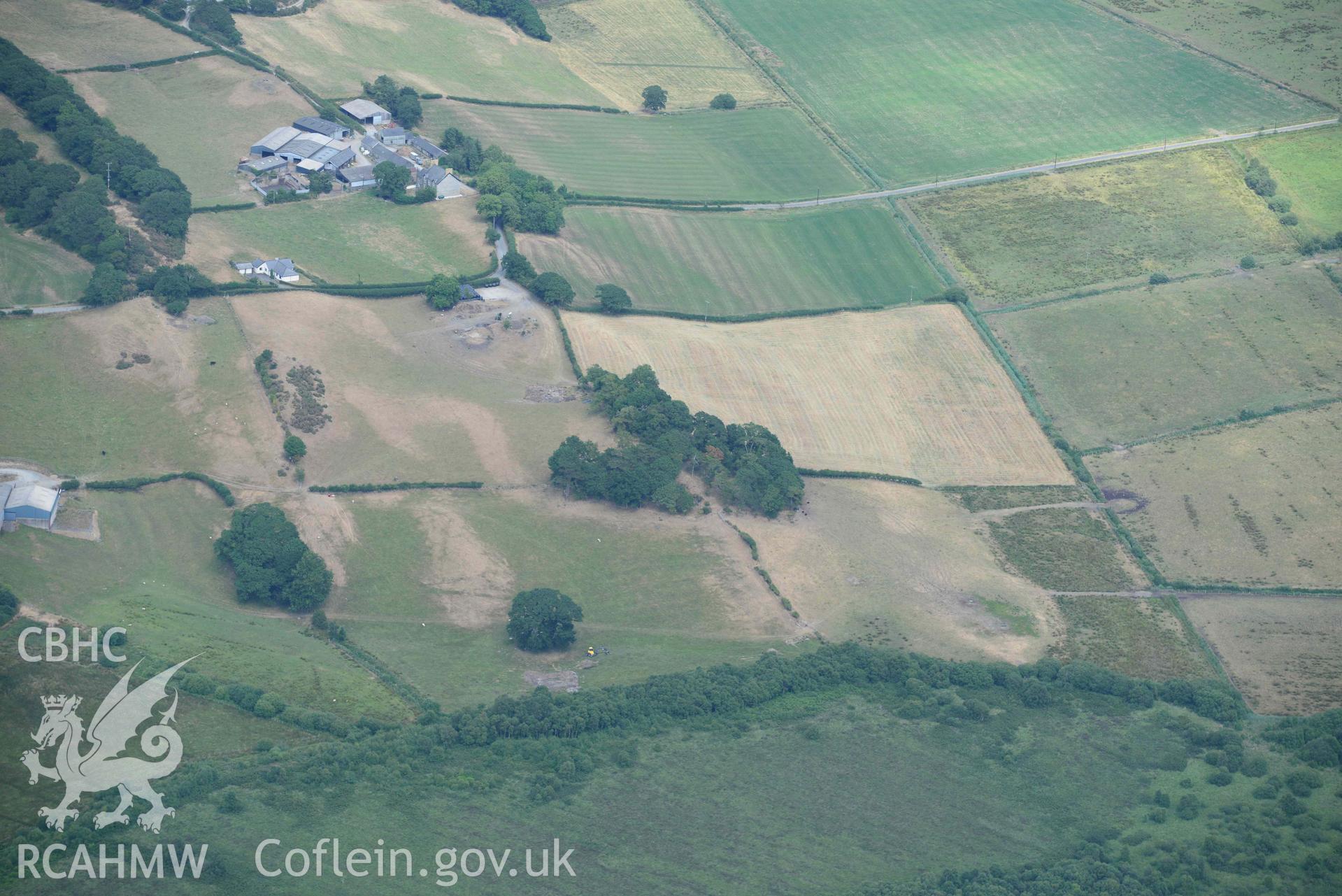 Aerial photograph: Llangynfelin Island cropmarks; nothing archaeologicalis evident. Crown: CHERISH PROJECT 2018. Produced with EU funds through the Ireland Wales Co-operation Programme 2014-2020 (NGR SN647916)