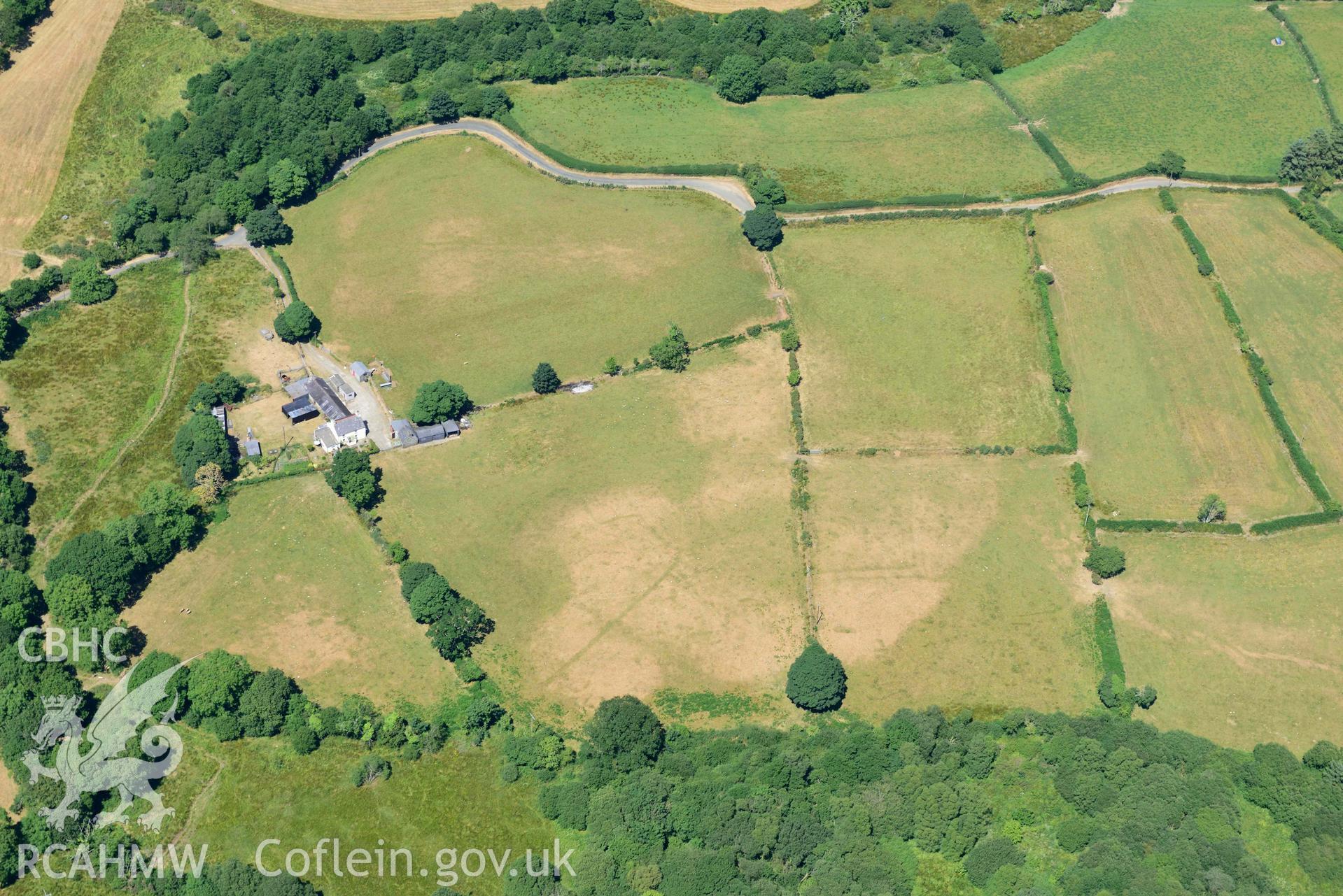Aerial photograph: Drwsdeugoed cropmark enclosure. Crown: CHERISH PROJECT 2018. Produced with EU funds through the Ireland Wales Co-operation Programme 2014-2020 (NGR SH427380)