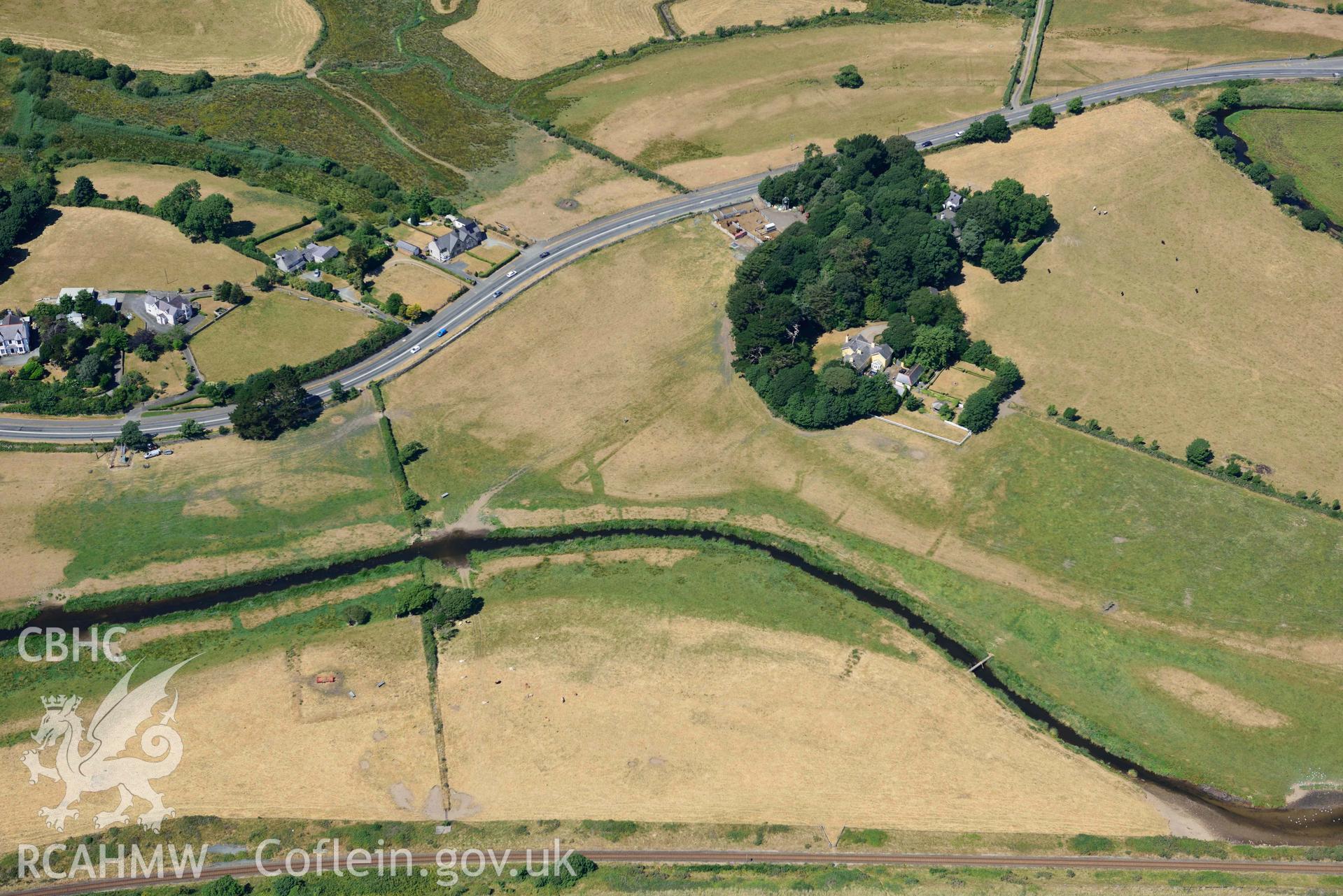 Aerial photograph: Glan Afon and sundry cropmarks, Abererch. Crown: CHERISH PROJECT 2018. Produced with EU funds through the Ireland Wales Co-operation Programme 2014-2020 (NGR SH392360)