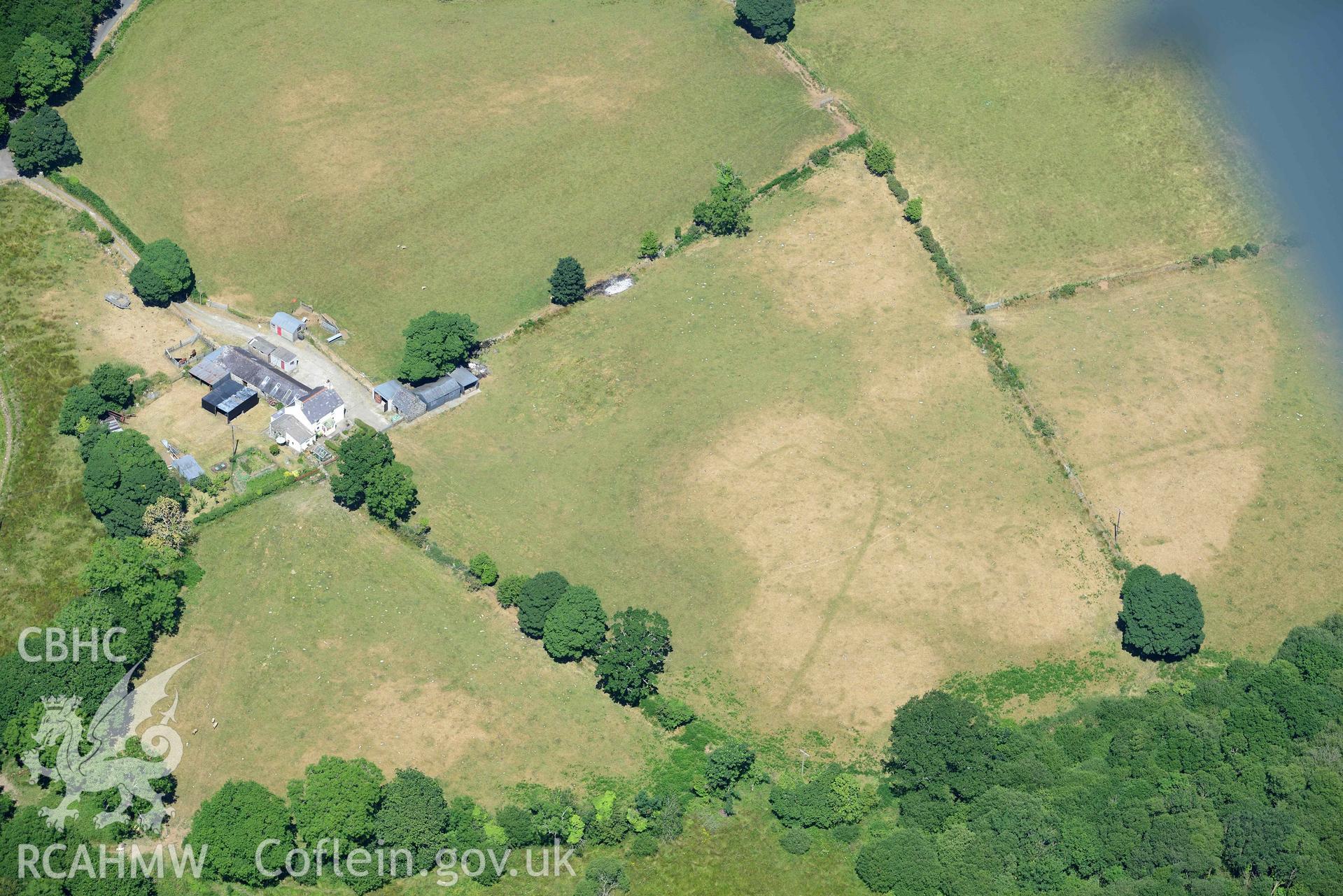 Aerial photograph: Drwsdeugoed cropmark enclosure. Crown: CHERISH PROJECT 2018. Produced with EU funds through the Ireland Wales Co-operation Programme 2014-2020 (NGR SH427380)