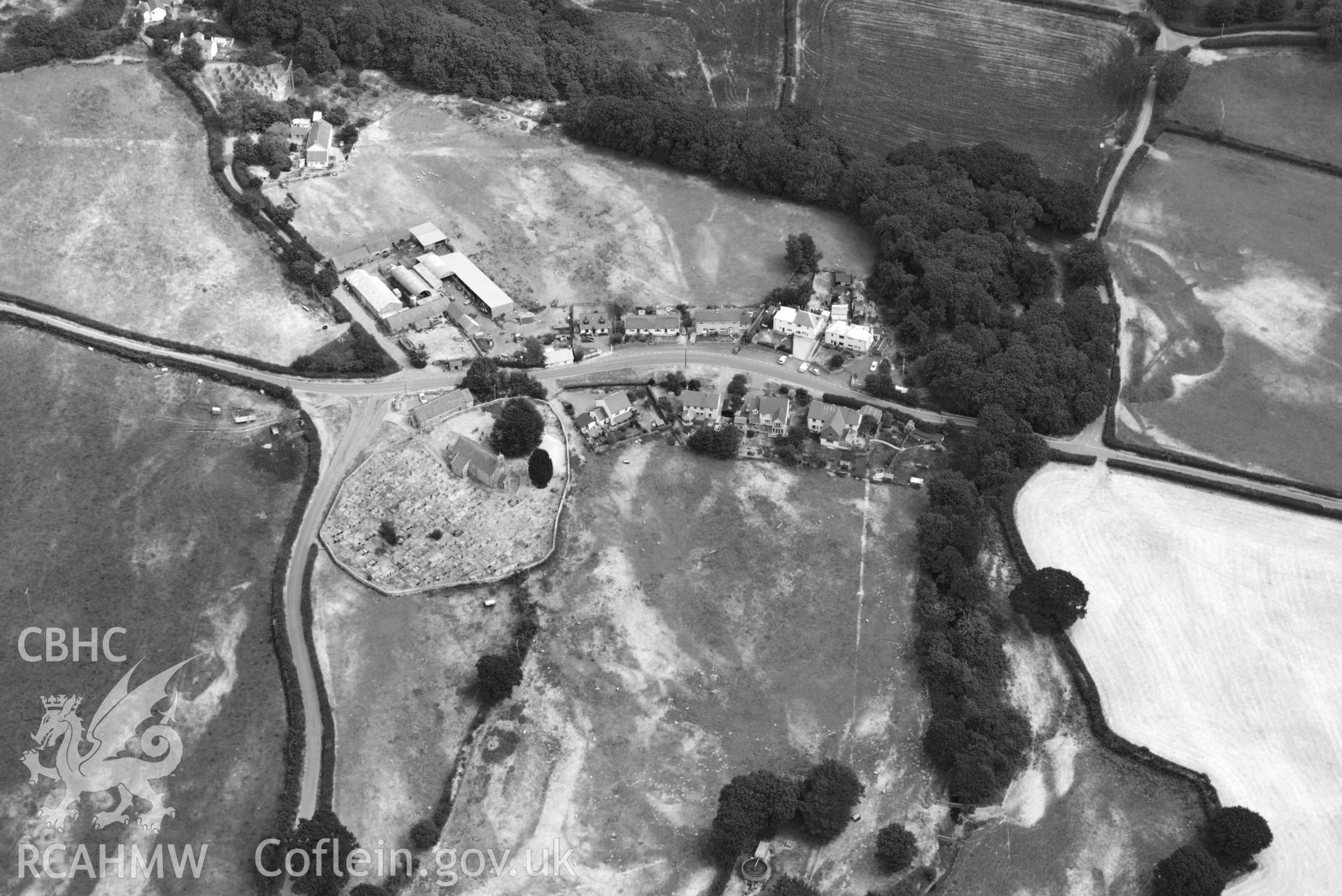 Aerial photograph: St Mary's Church, Llanfair Clydogau. Crown: CHERISH PROJECT 2018. Produced with EU funds through the Ireland Wales Co-operation Programme 2014-2020 (NGR SN624512)