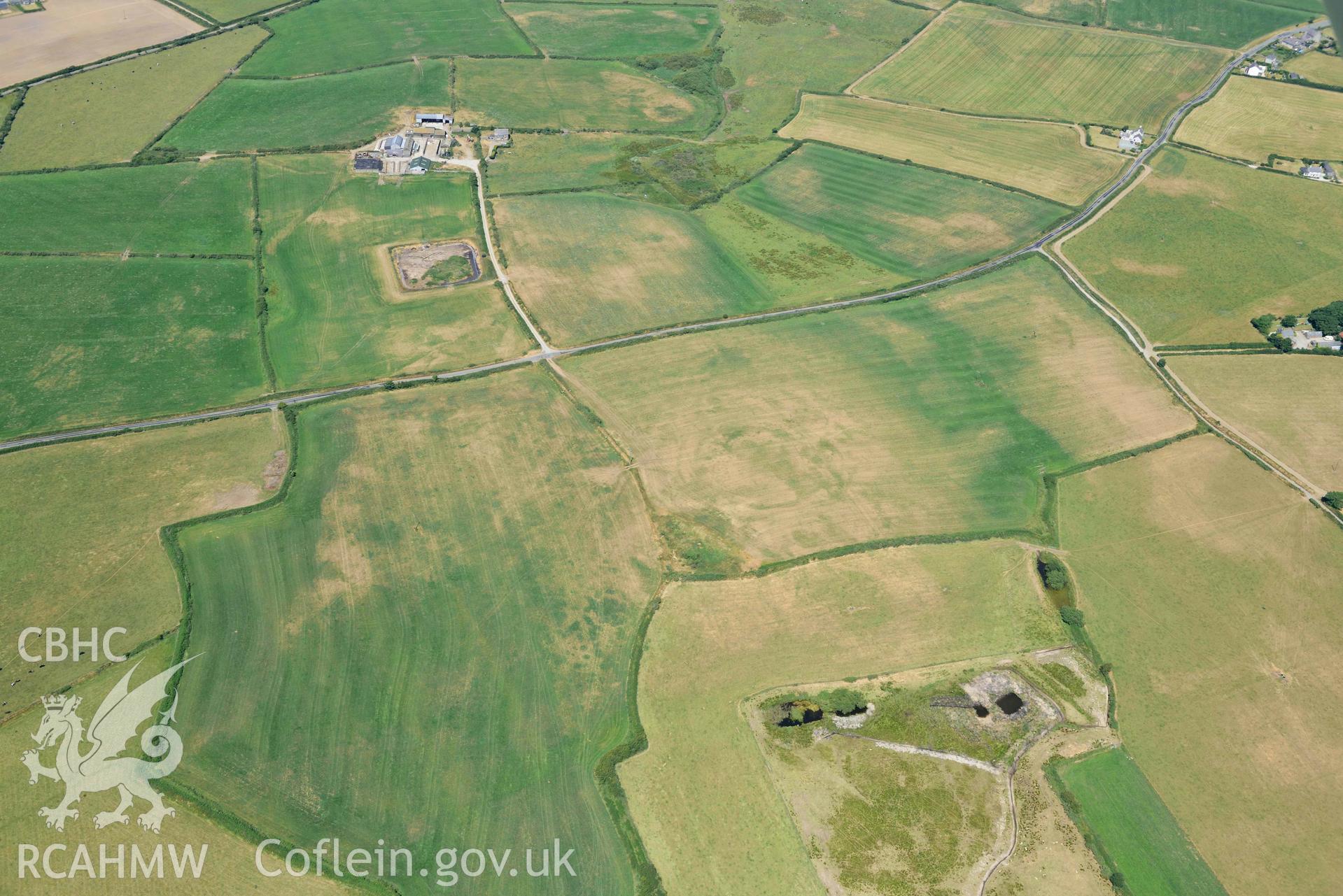 Aerial photograph: Bryniau or Bryn Rhydd cropmark enclosure. Crown: CHERISH PROJECT 2018. Produced with EU funds through the Ireland Wales Co-operation Programme 2014-2020 (NGR SH265387)