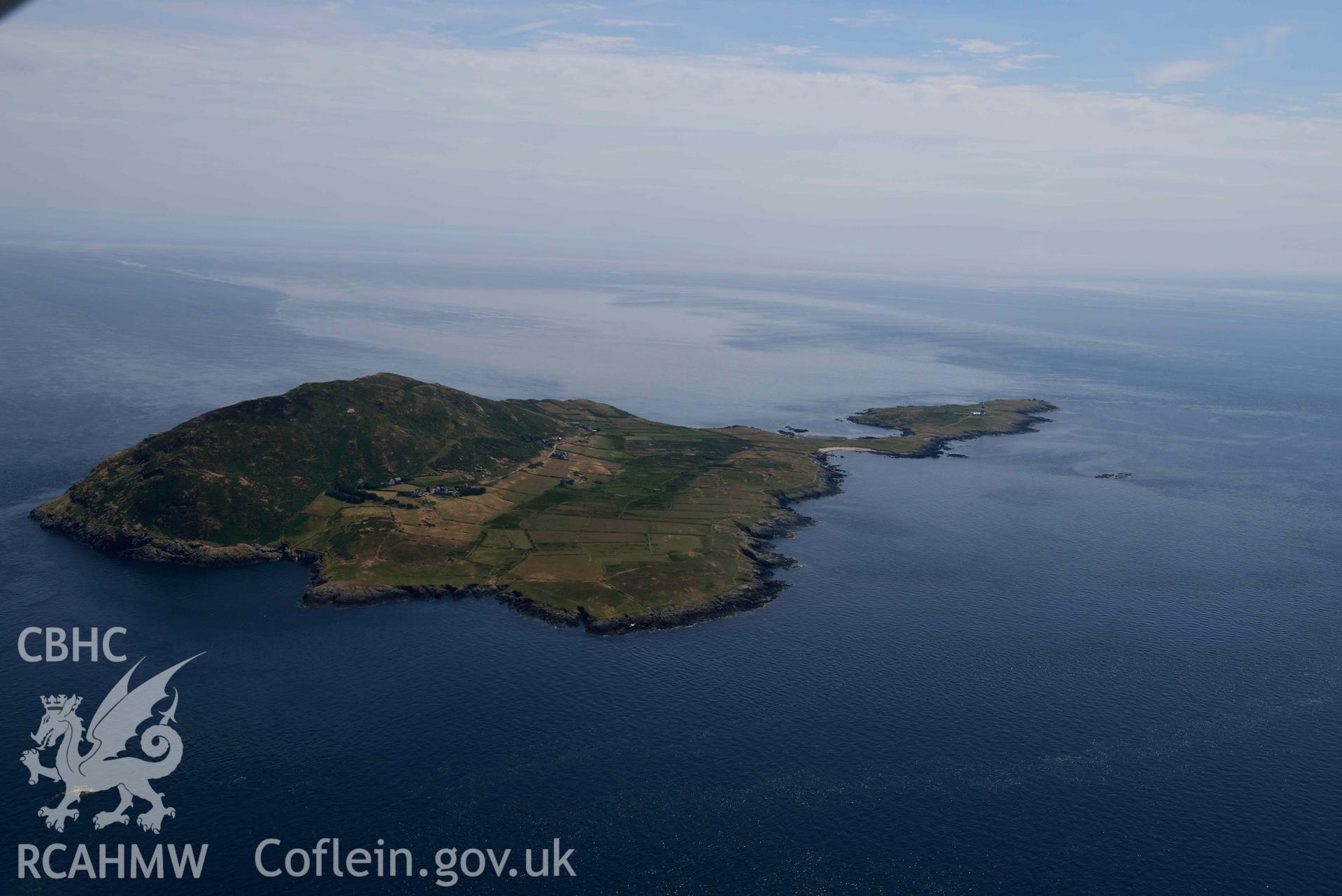 Aerial photograph: Ynys Enlli or Bardsey Island, view from the north-west. Crown: CHERISH PROJECT 2018. Produced with EU funds through the Ireland Wales Co-operation Programme 2014-2020 (NGR SH119221)