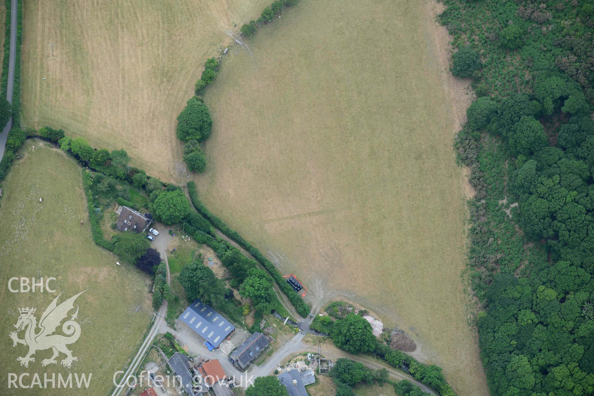 Aerial photograph: Bryn Dinas rectangular cropmark enclosure. Crown: CHERISH PROJECT 2018. Produced with EU funds through the Ireland Wales Co-operation Programme 2014-2020 (NGR SH634986)