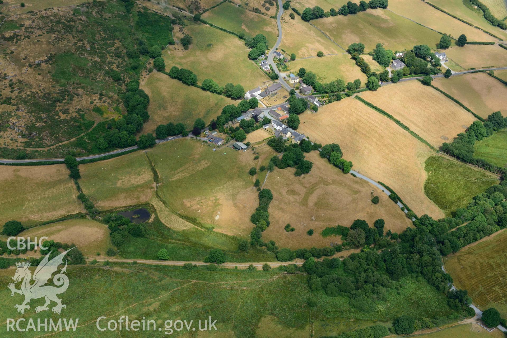 Aerial photograph: Ystrad Meurig Castle, with parchmark detail. Crown: CHERISH PROJECT 2018. Produced with EU funds through the Ireland Wales Co-operation Programme 2014-2020 (NGR SN702675)