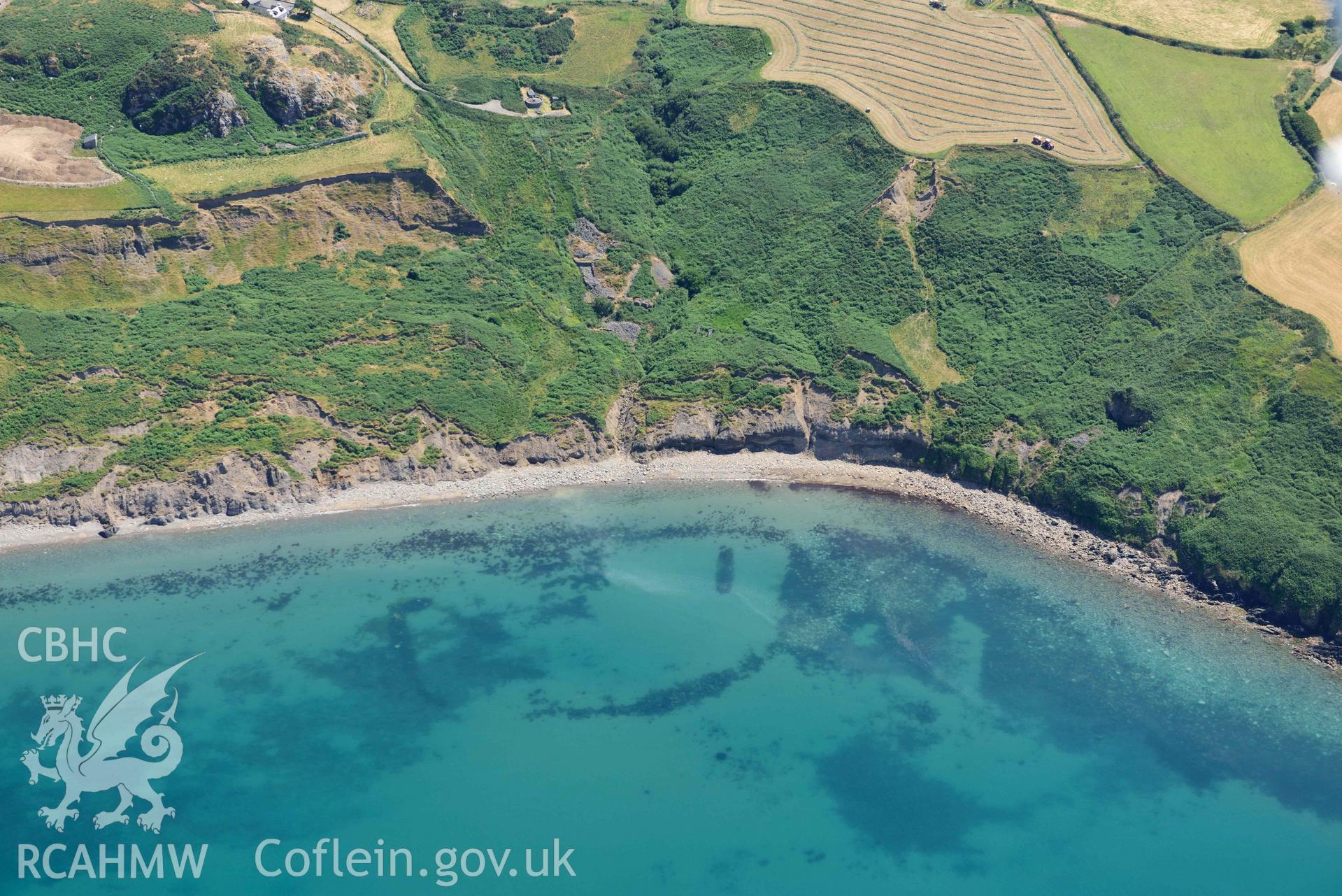 Aerial photograph: Boulder Bank fish trap. Crown: CHERISH PROJECT 2018. Produced with EU funds through the Ireland Wales Co-operation Programme 2014-2020 (NGR SH321423)